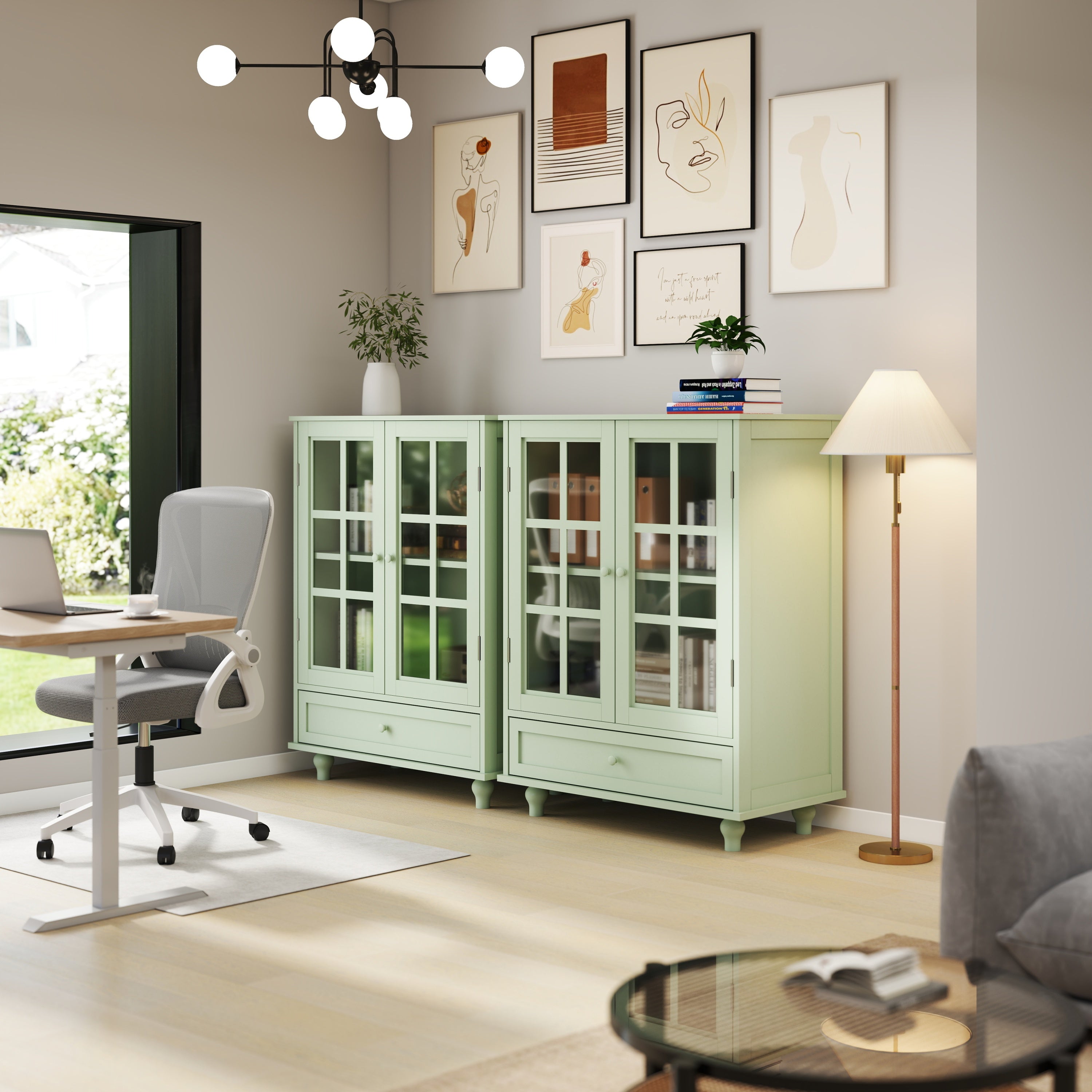 Minimalism Buffet Cabinet with Double Glass Doors and Drawer Mint Green