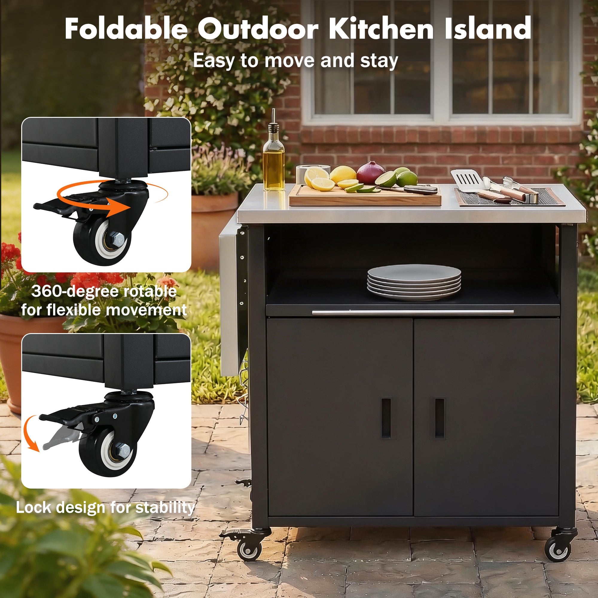 Foldable BBQ cart with storage, portable for backyard & patio cooking