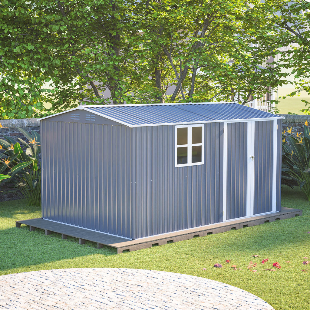 8x12ft Steel Storage Shed w/ Window, Hinged Doors, 4 Vents for Yard/Garden/Patio
