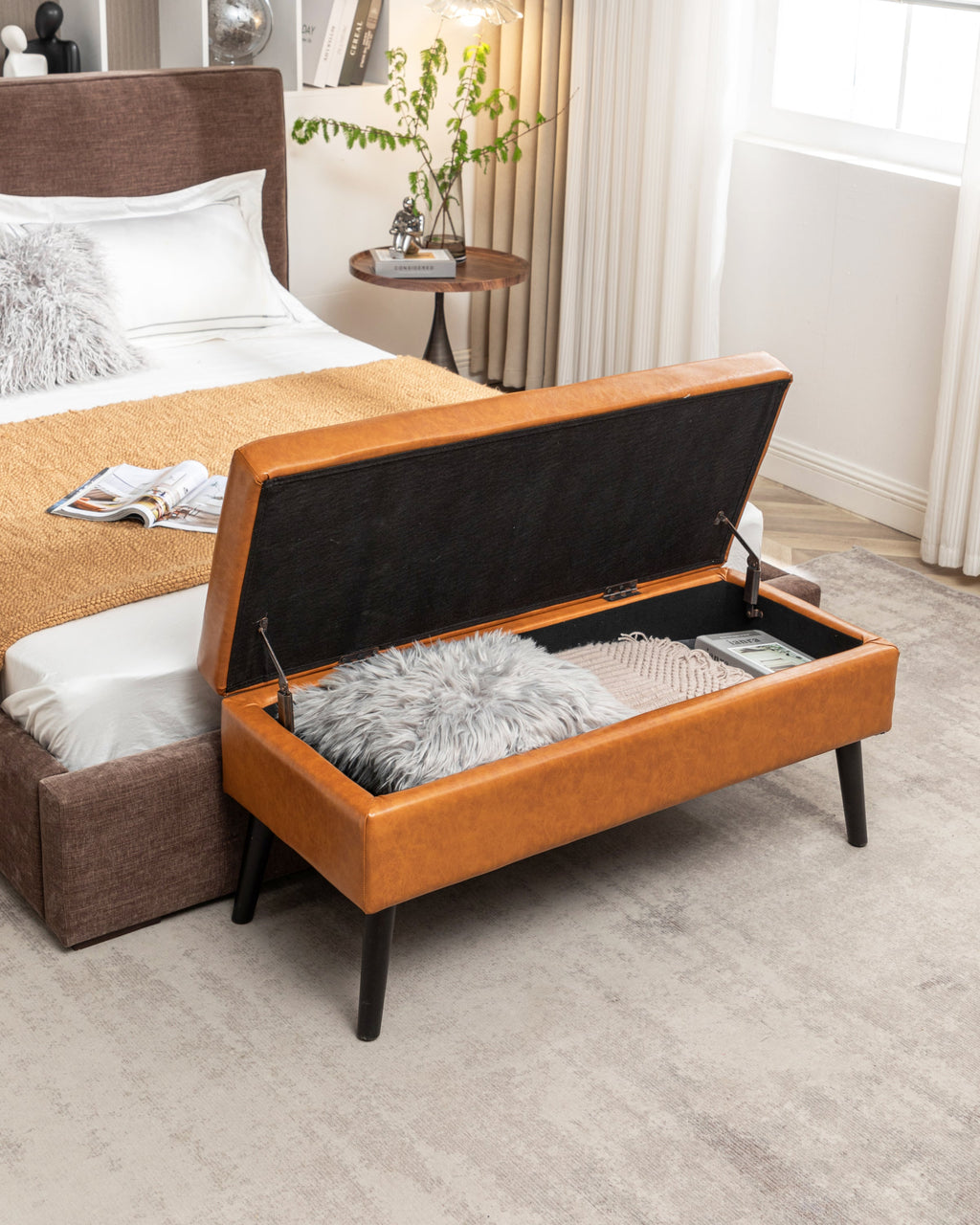 Brown PU Leather Storage Bench