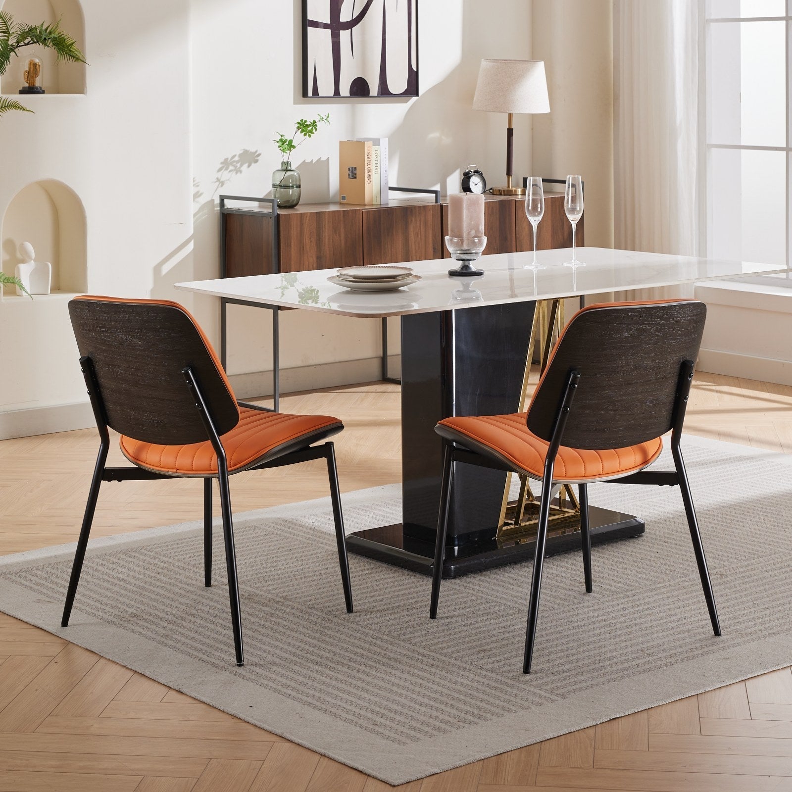 Mid Century Modern Retro Faux Leather Dining Chairs with Walnut Bentwood (Set of 2)