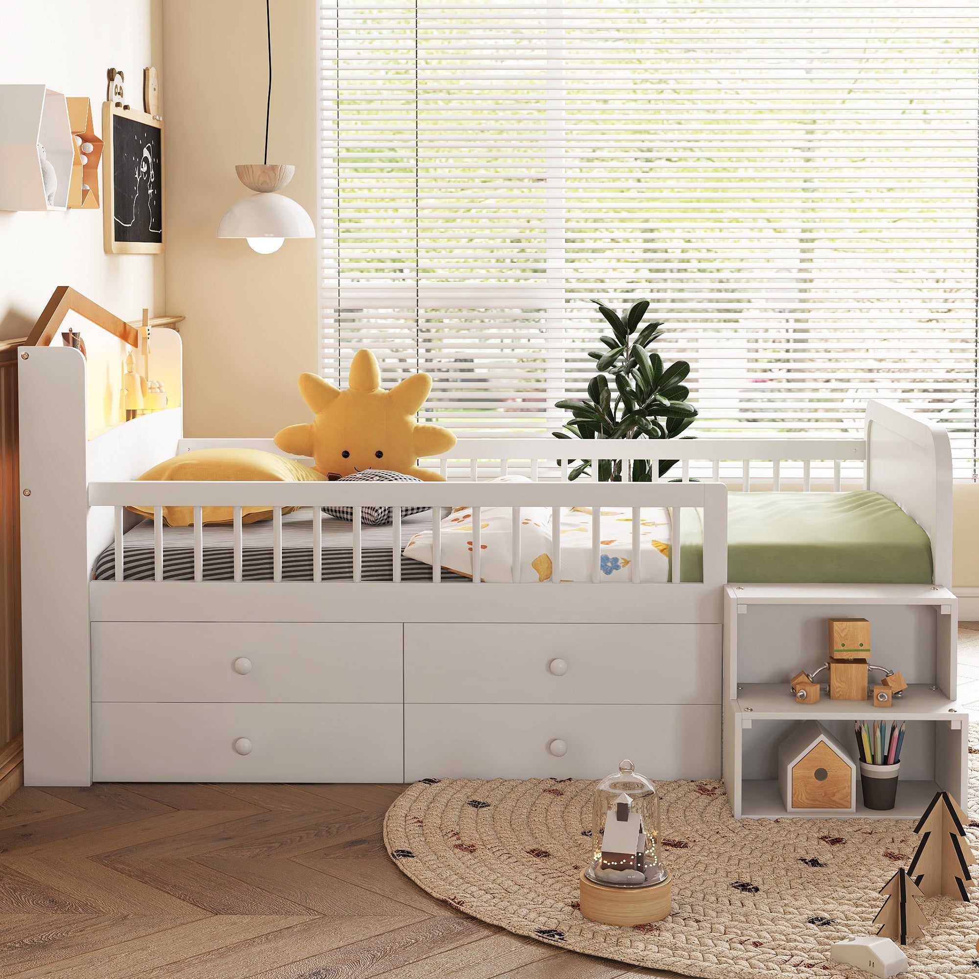 Wooden Twin Loft Bed with House Shape Headboard