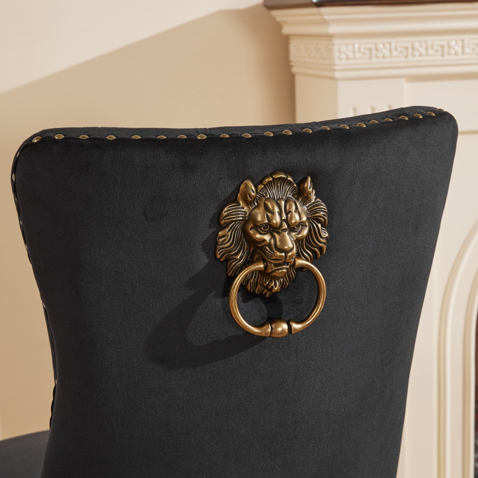 Mid-Century Velvet Dining Chairs with Lion Head Pull Ring (Set of 2)