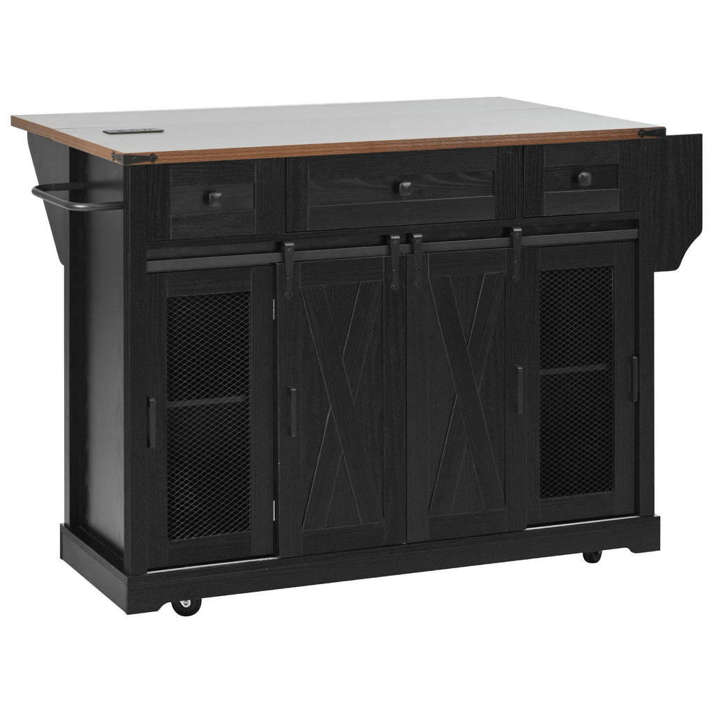 58“ Farmhouse Kitchen Island with Storage Sliding Barn Door Metal Grid Side Door