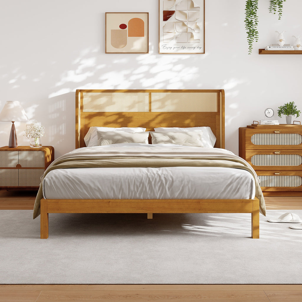 Mid Century Modern Bed With Natural Color Headboard