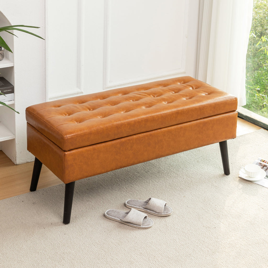 Brown PU Leather Storage Bench