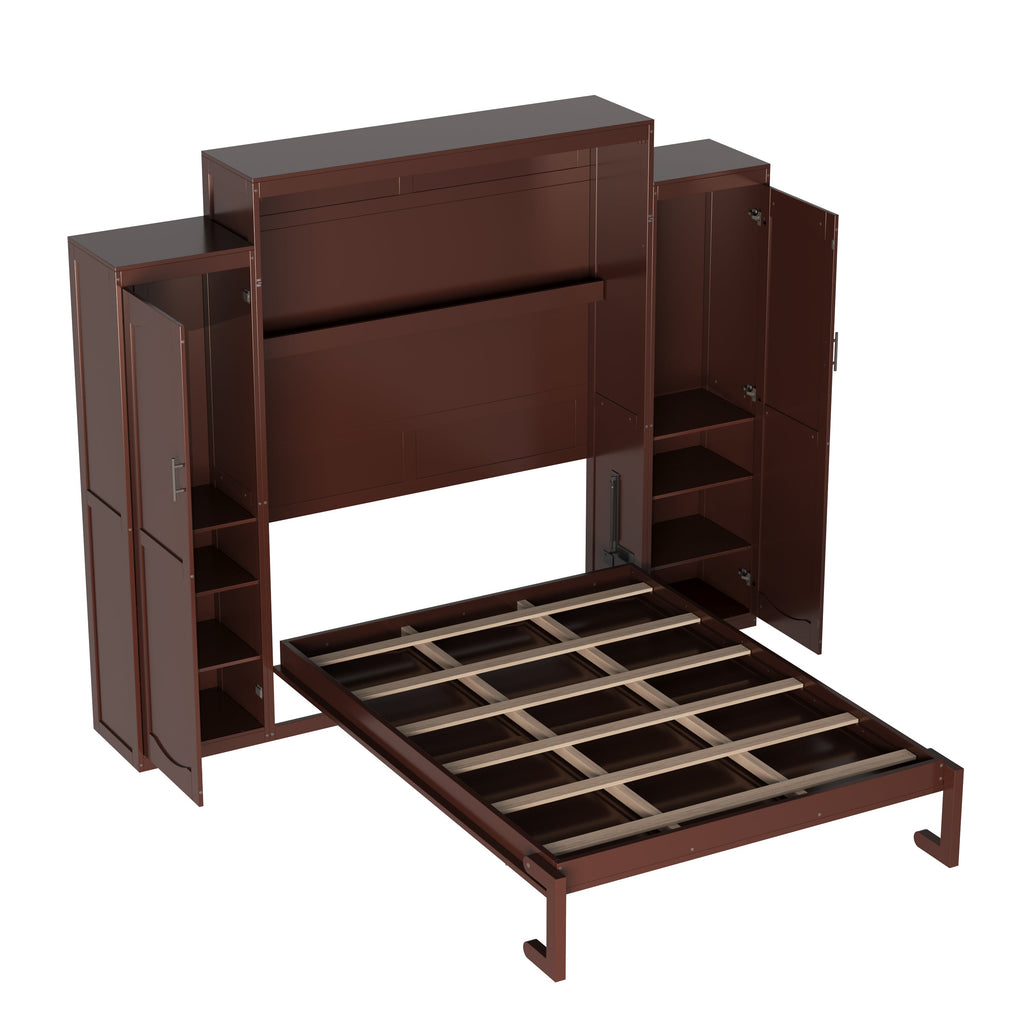 Wooden Queen Wall Bed with 2 Wardrobe and Storage Shelf
