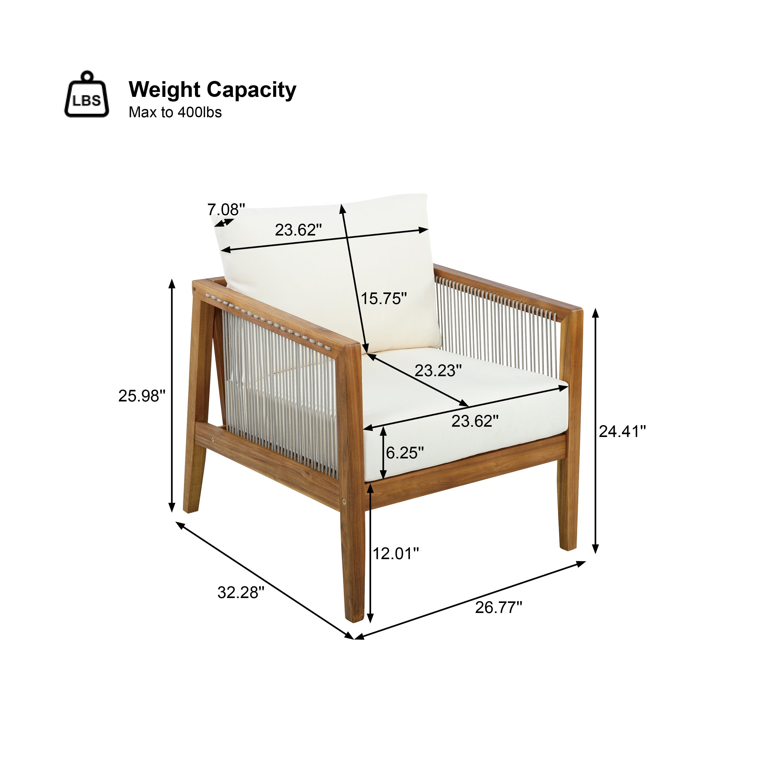 1PC/2PCS Acacia Wood Frame Outdoor Club Chair with Water-Repellent Cushions