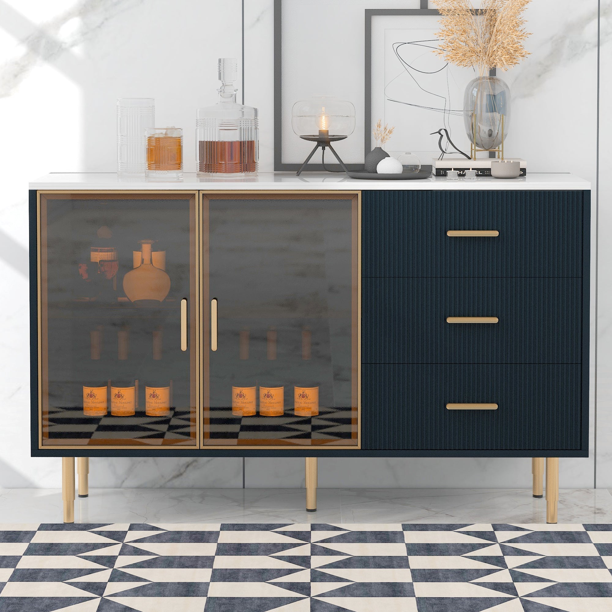 Modern Sideboard MDF Buffet Cabinet with Marble Sticker Tabletop