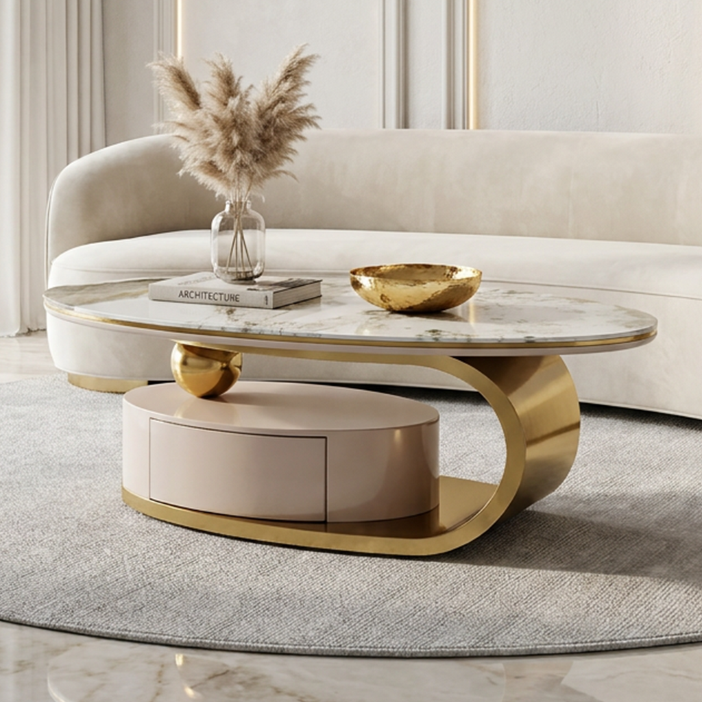51.18' Luxury Oval Coffee Table with Print Glass Top