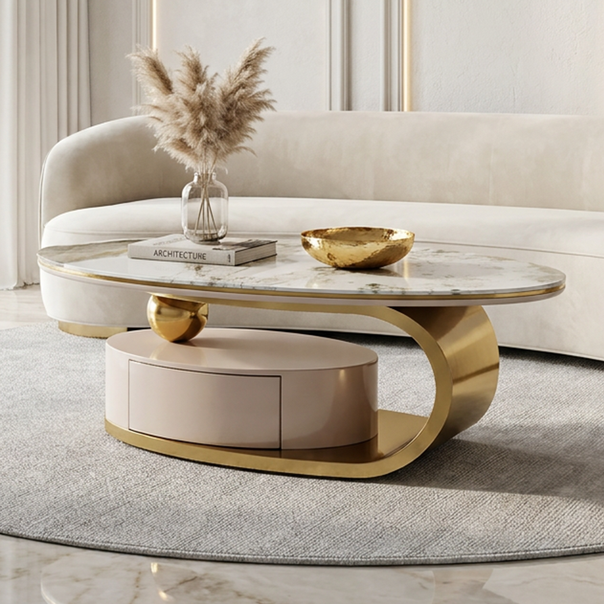 51.18' Luxury Oval Coffee Table with Print Glass Top