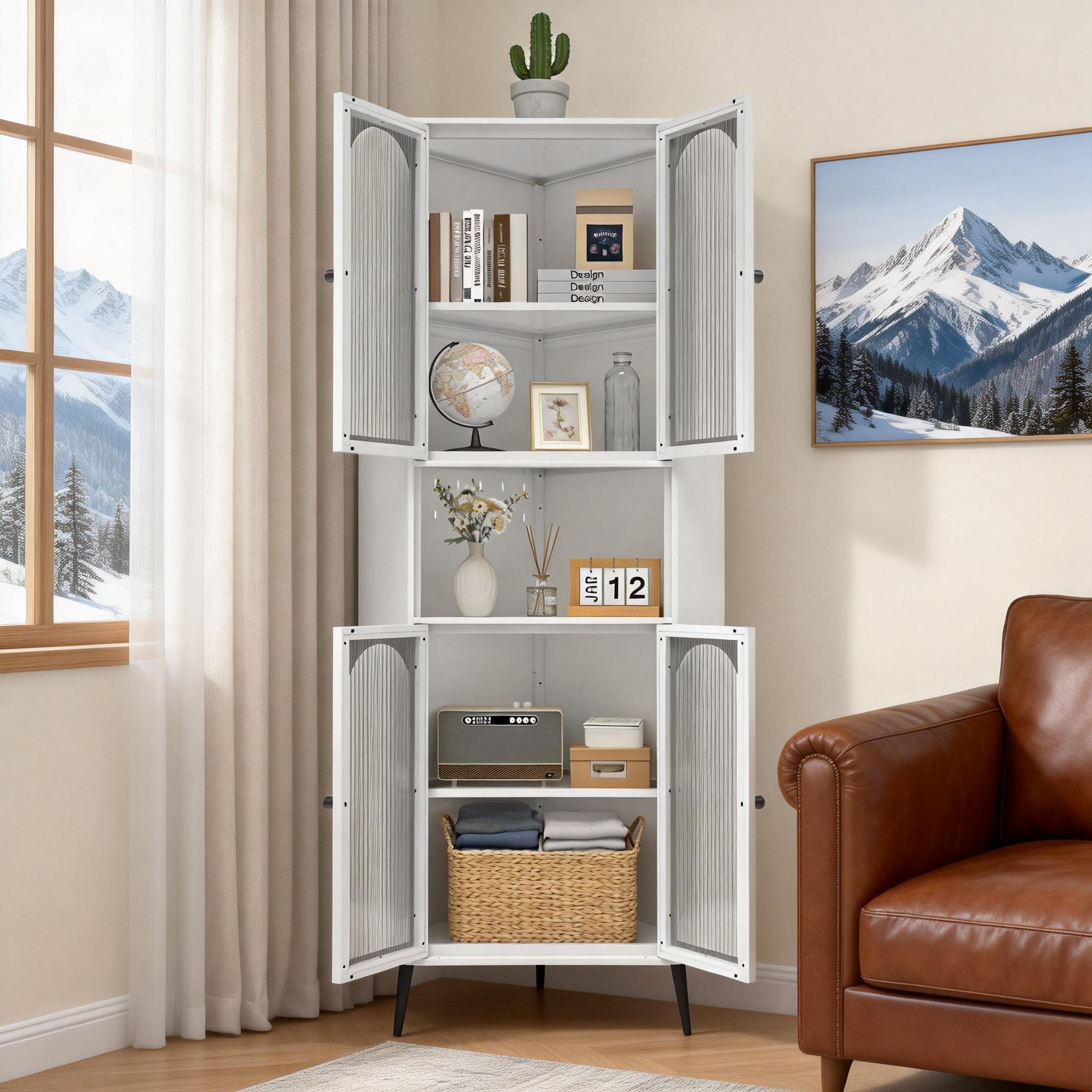 White 73in Corner Storage Cabinet Metal with Doors Adjustable Shelves Space-Saving