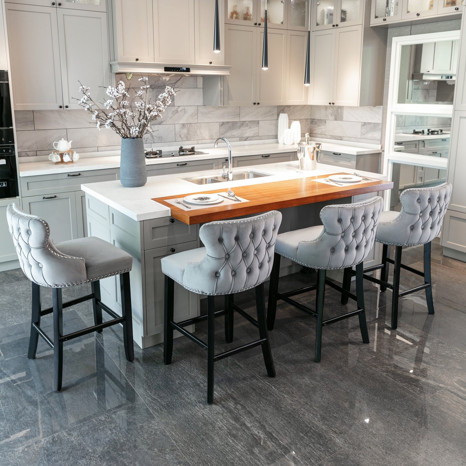 Leisure Style Velvet Upholstered Wing-Back Barstools (Set of 2)