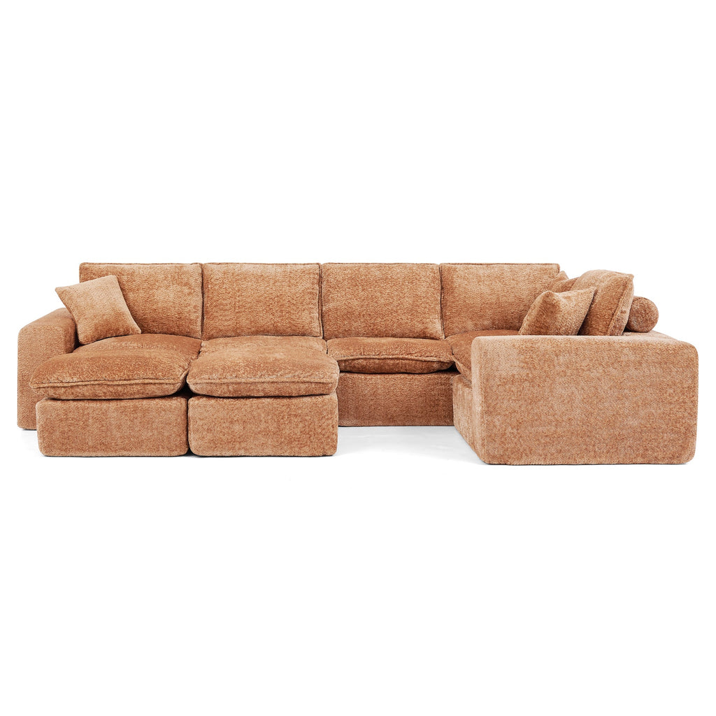 Modern Orange L-Shaped Sectional Sofa with 2 Ottomans Cloud-Like Modular Couch