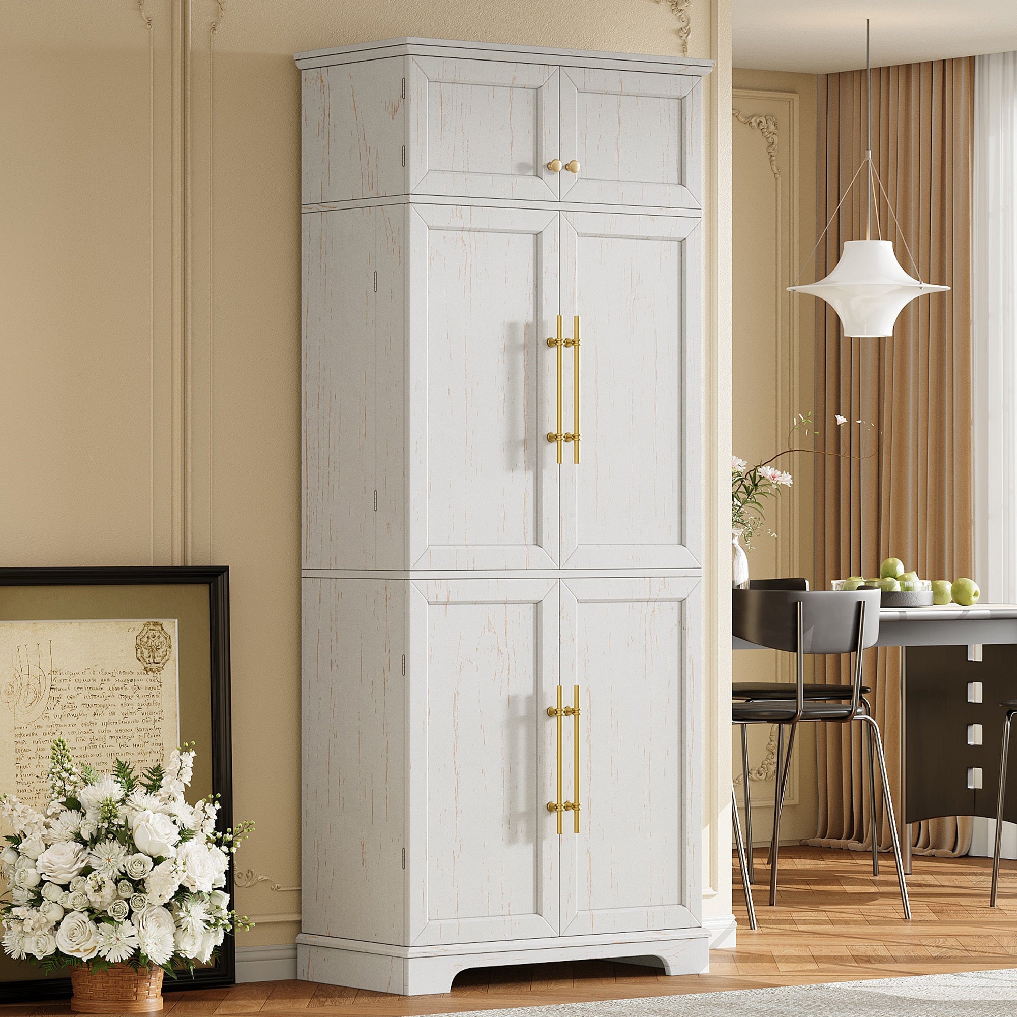 78" Tall Farmhouse Kitchen Pantry Cabinet with Shelves Drawer Wine Rack