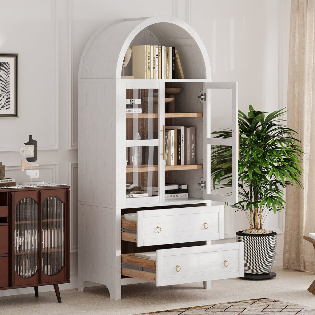71” Tall Arched Modern Farmhouse Kitchen Pantry Cabinet with 2 Large Drawers