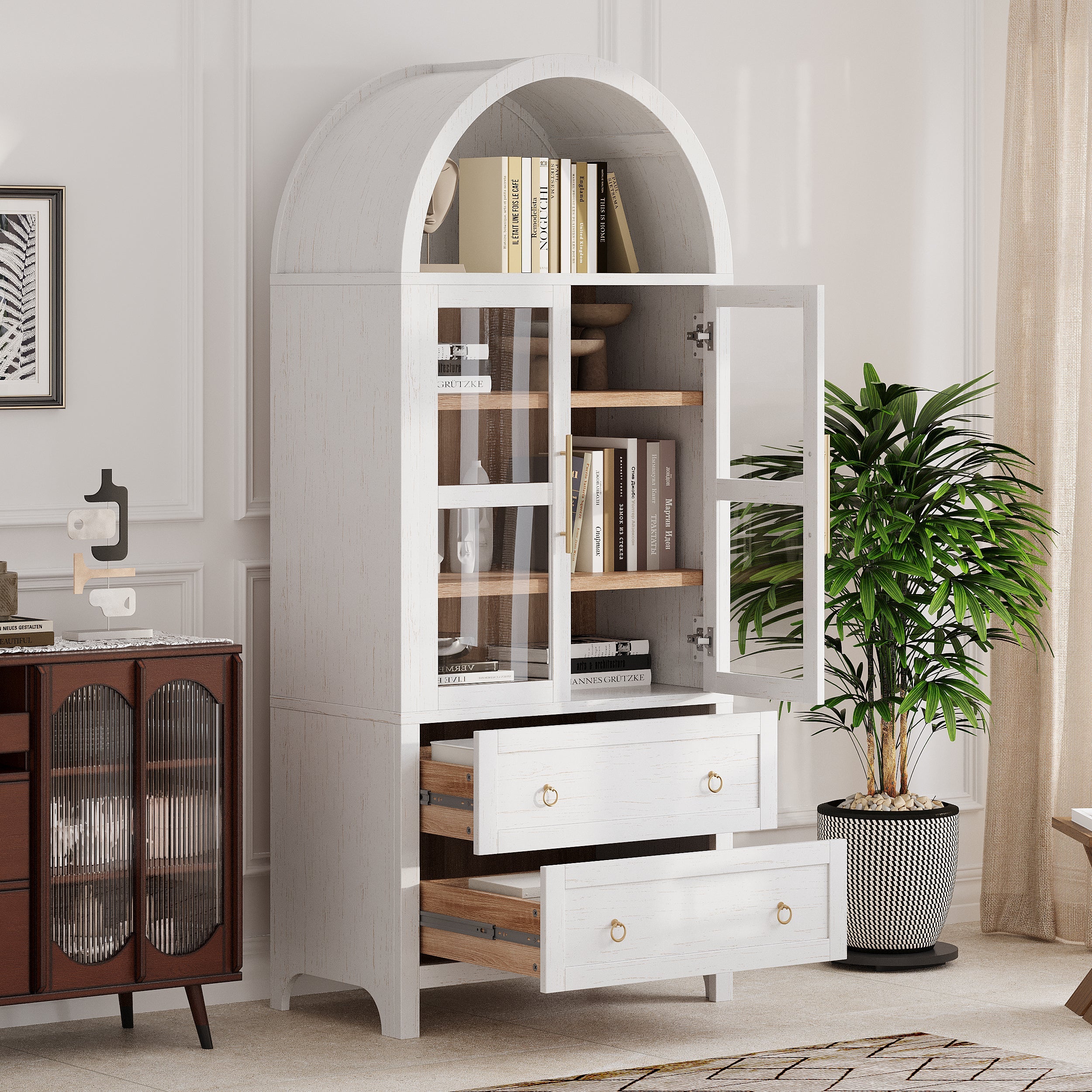 71” Tall Arched Modern Farmhouse Kitchen Pantry Cabinet with 2 Large Drawers