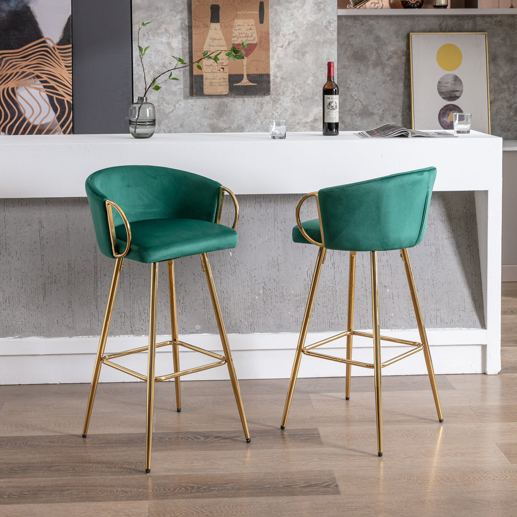 Velvet Bar Stools with Chrome Footrest and Base（Set of 2)