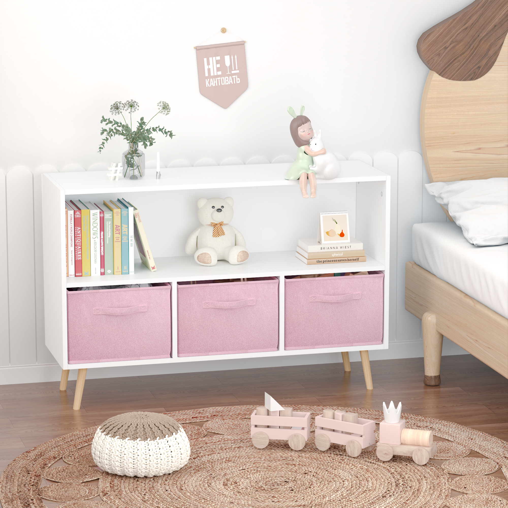 Children's Book Display Kids Bookcase with 3 Fabric Bins