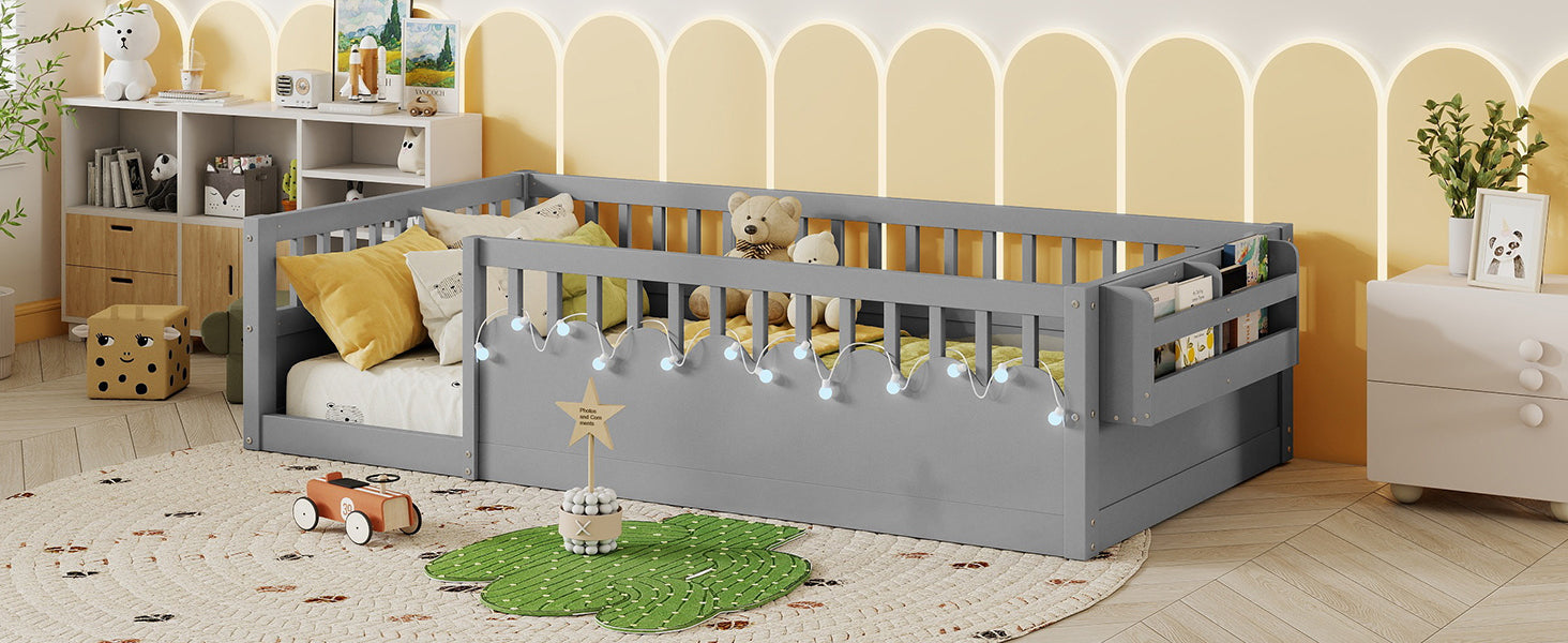 Twin/Full Montessori Floor Kids Bed Frame with High Rails