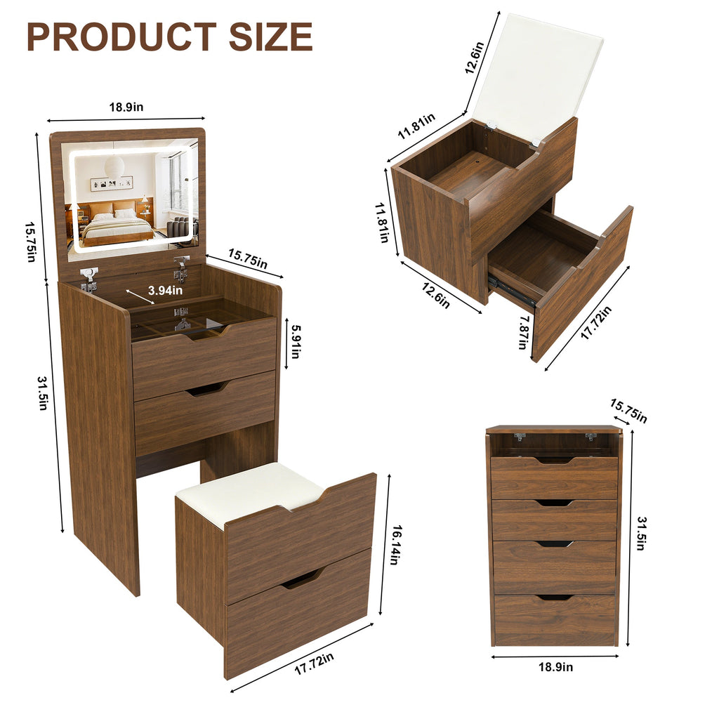 18.9'L 3-in-1 Vanity Desk with Lighted Mirror & Stool