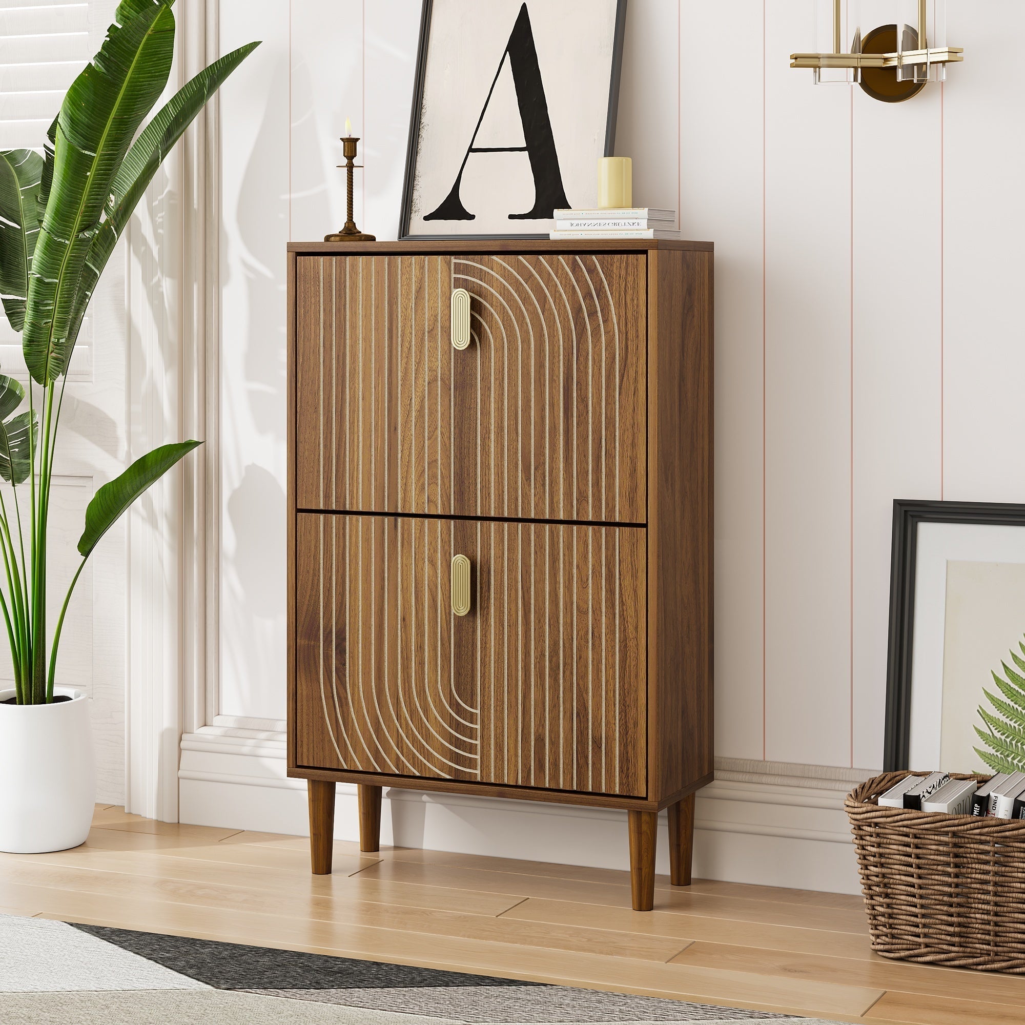 Modern Minimalist Shoe Storage Cabinet with 2 Flip Drawers