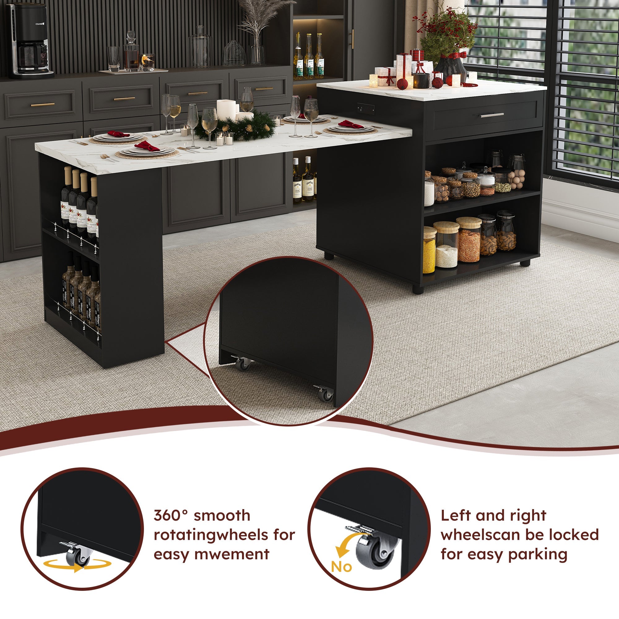 Expandable Kitchen Island with Dining Table
