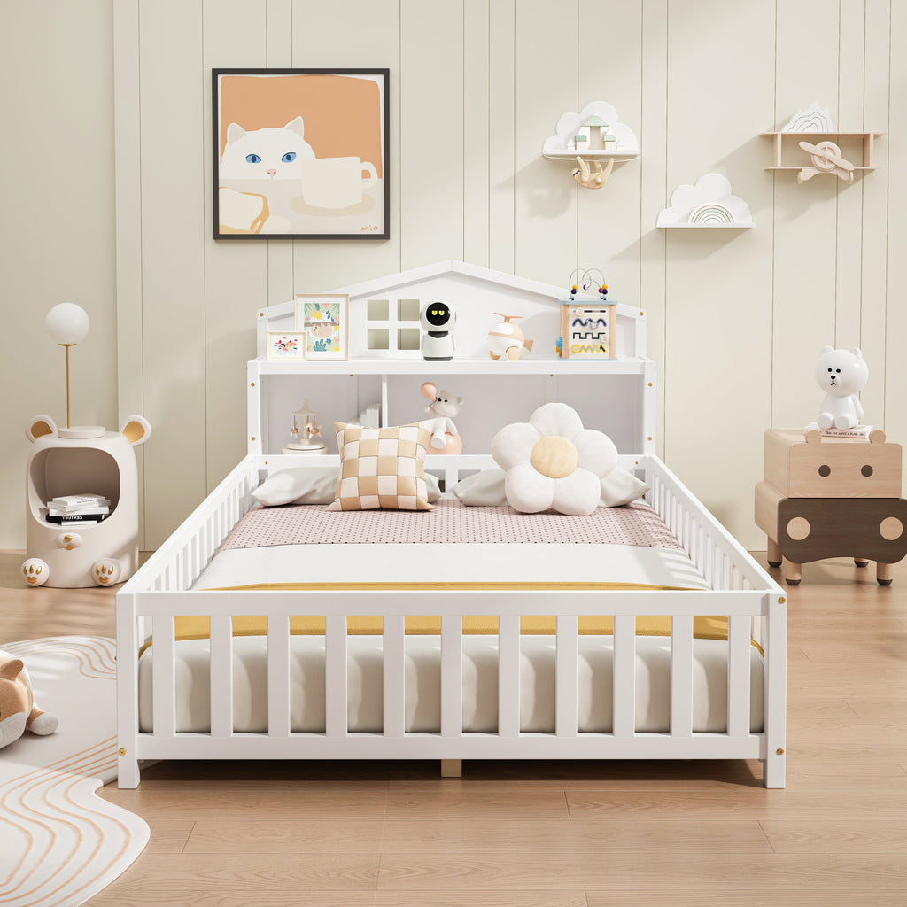 Full-size Montessori Floor Bed with Bookcases and Blackboards