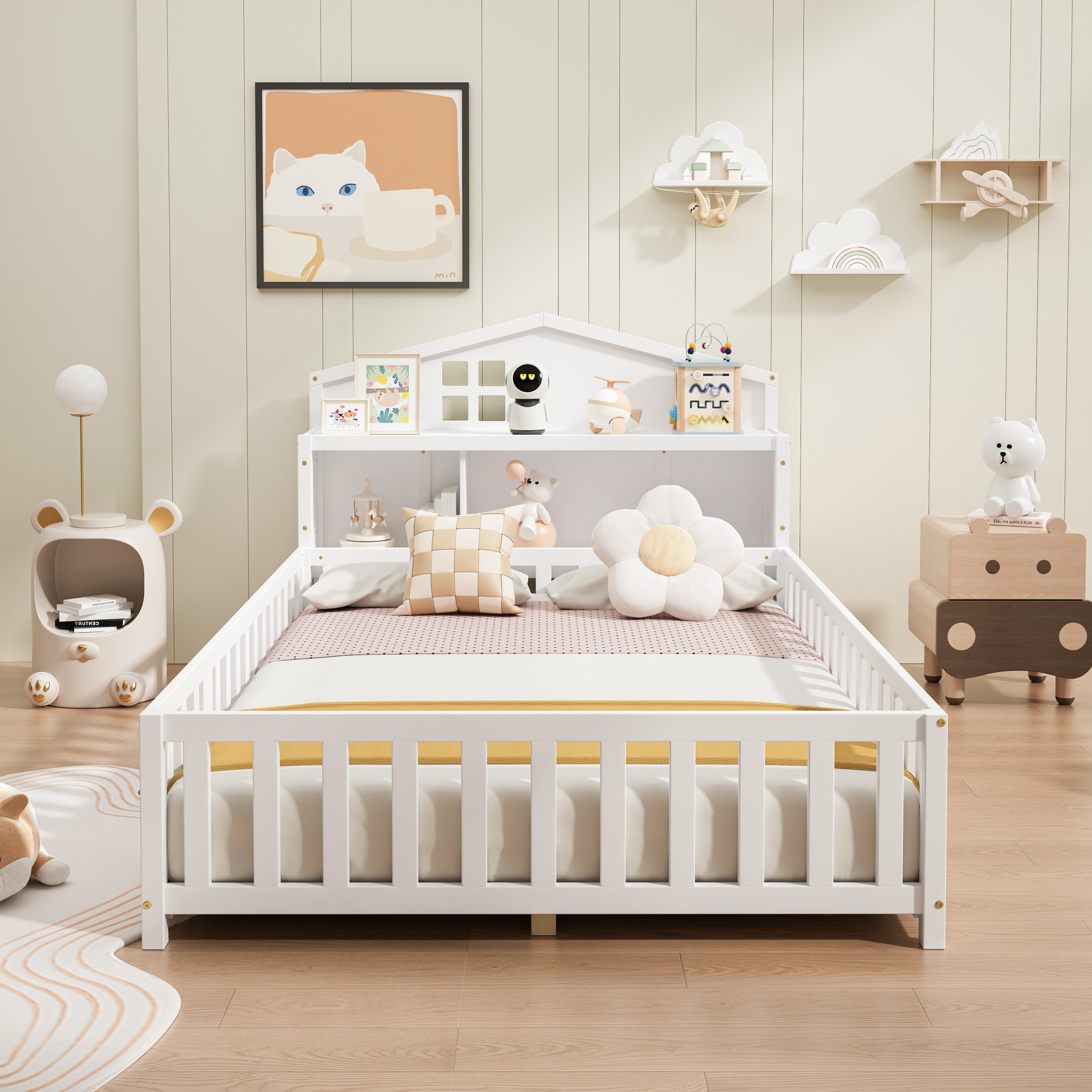 Full-size Montessori Floor Bed with Bookcases and Blackboards