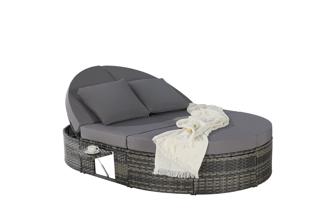 Round outdoor patio daybed with adjustable backrests foldable cup trays and cushioned wicker design ideal for backyard and poolside lounging