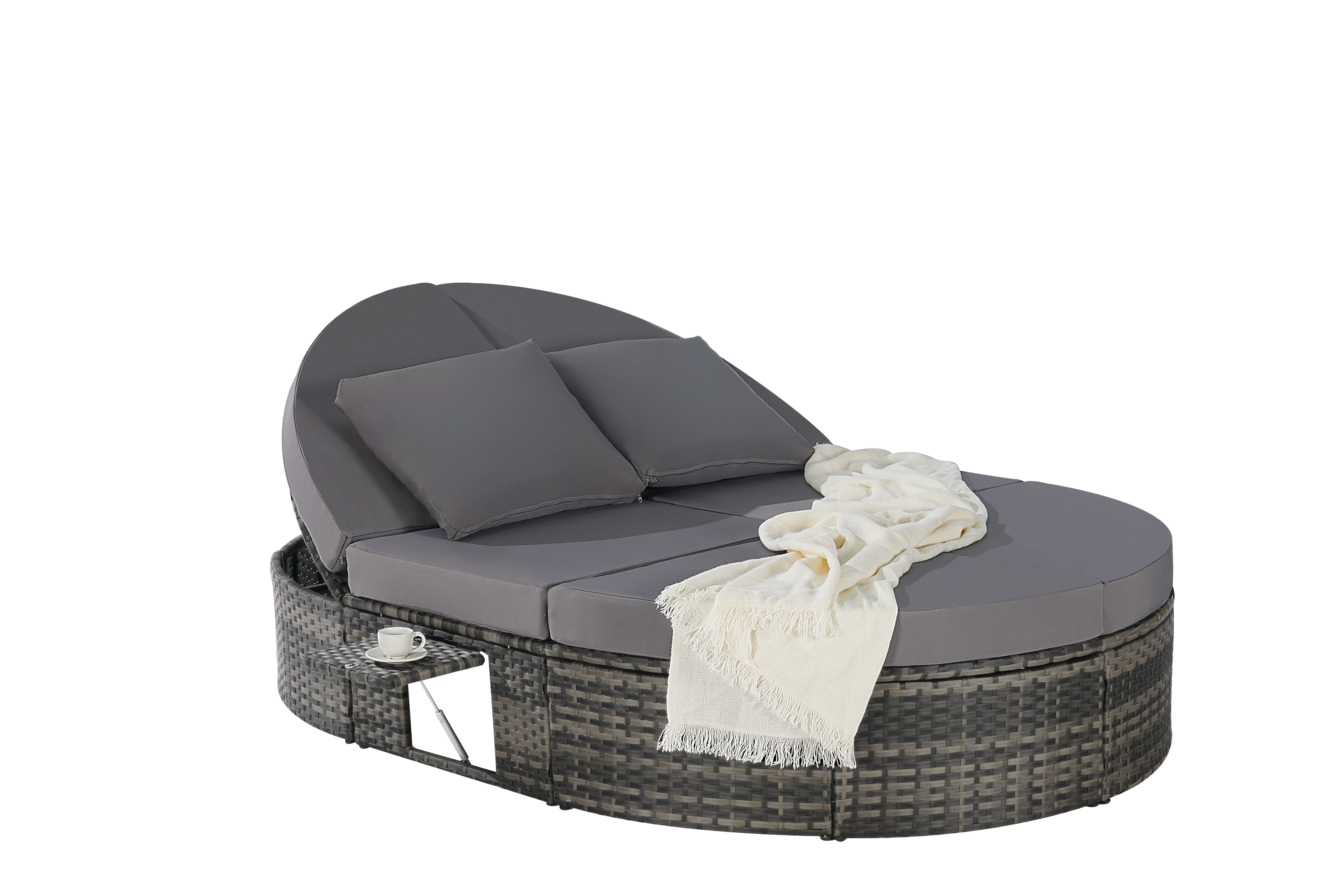 Round outdoor patio daybed with adjustable backrests foldable cup trays and cushioned wicker design ideal for backyard and poolside lounging