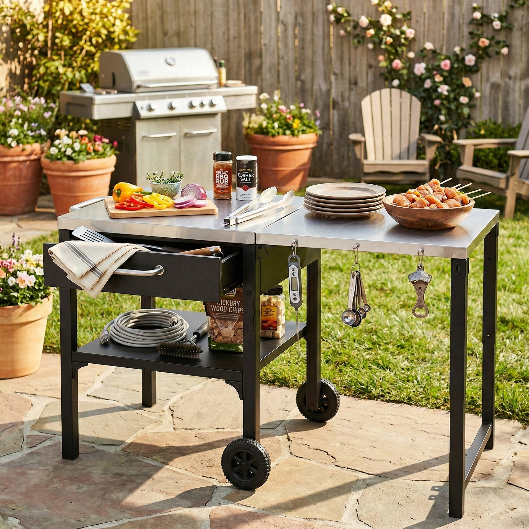 Foldable BBQ cart with storage, portable for backyard & patio cooking