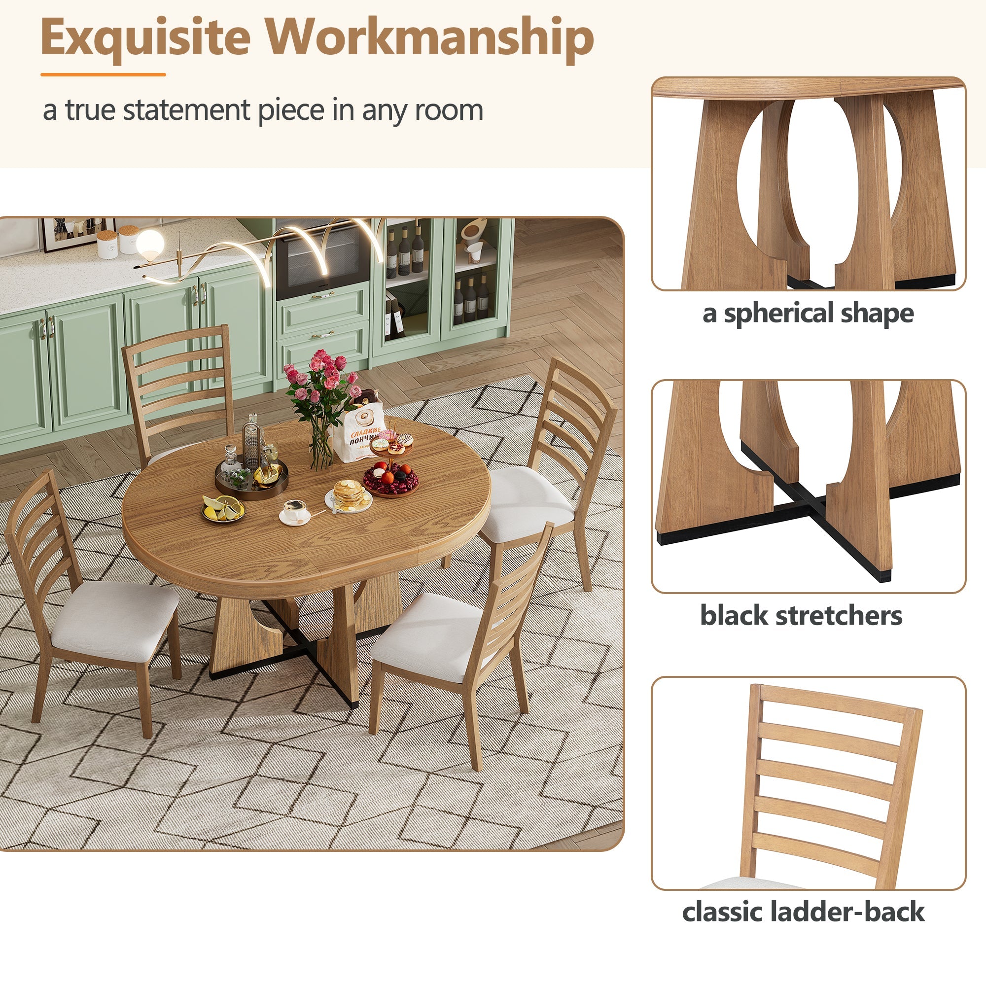 5-Piece Retro Extendable Dining Table Set with 16" Removable Leaf