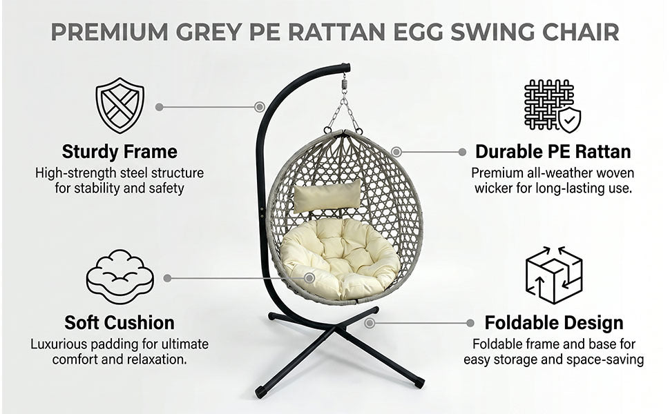 Folding PE Rattan Hanging Egg Chair with Aluminum Steel Frame