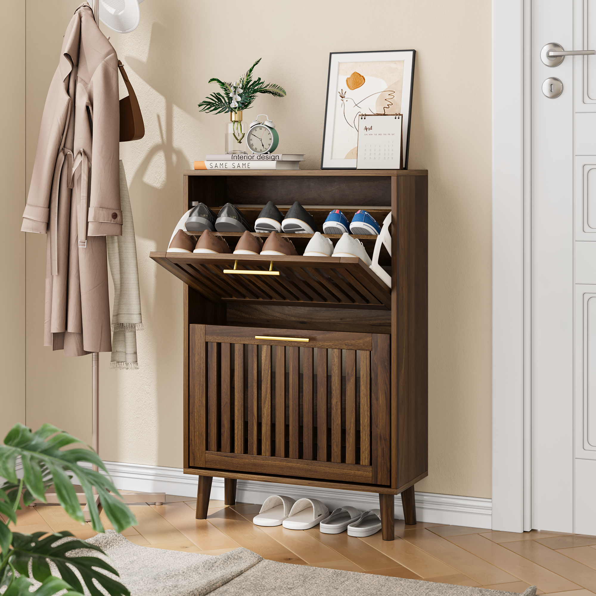 Medieval Modern Walnut Shoe Cabinet with 2 Flip Drawers