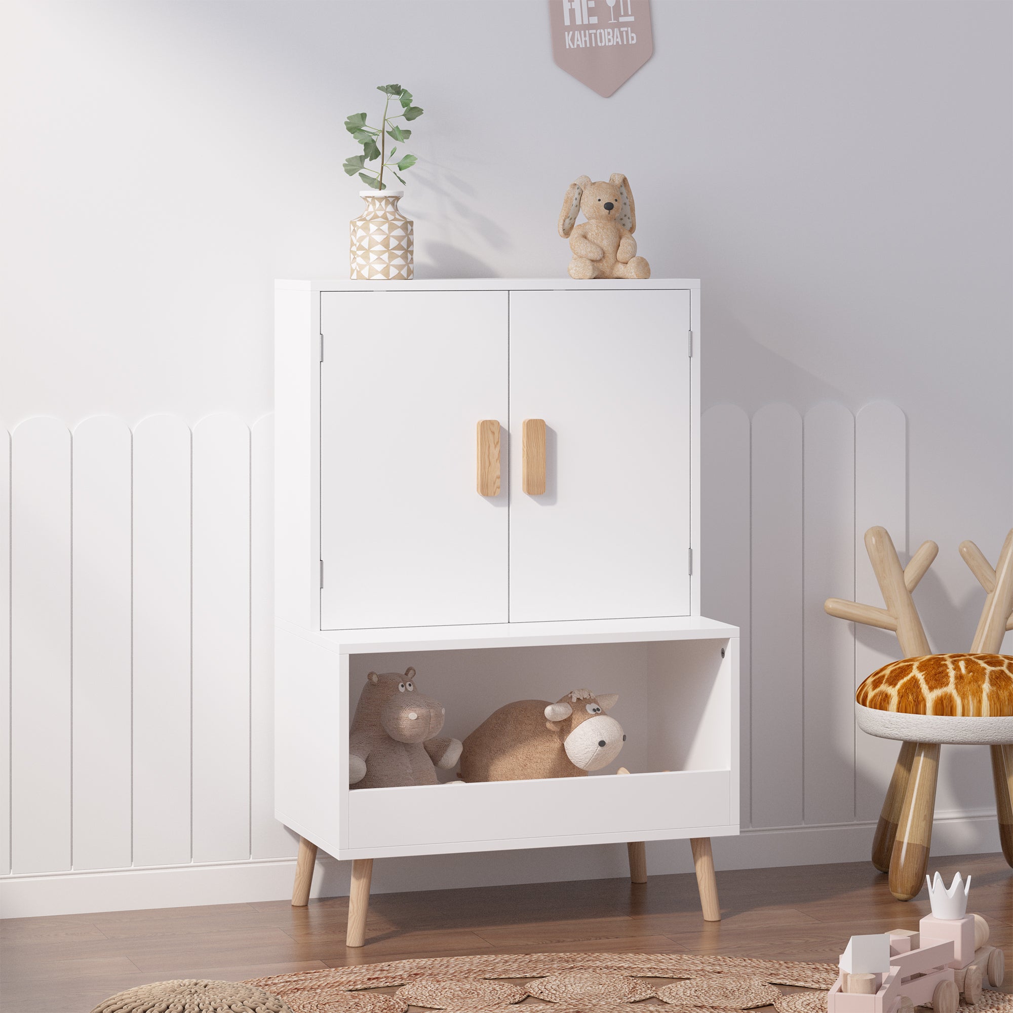 White Modern Wooden Toy Storage Cabinet with Natural Wood Legs