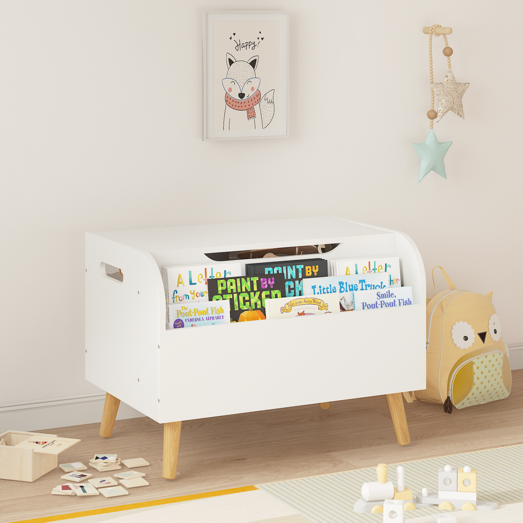 Kids  Wooden Toy Storage Bench with Front Bookshelf