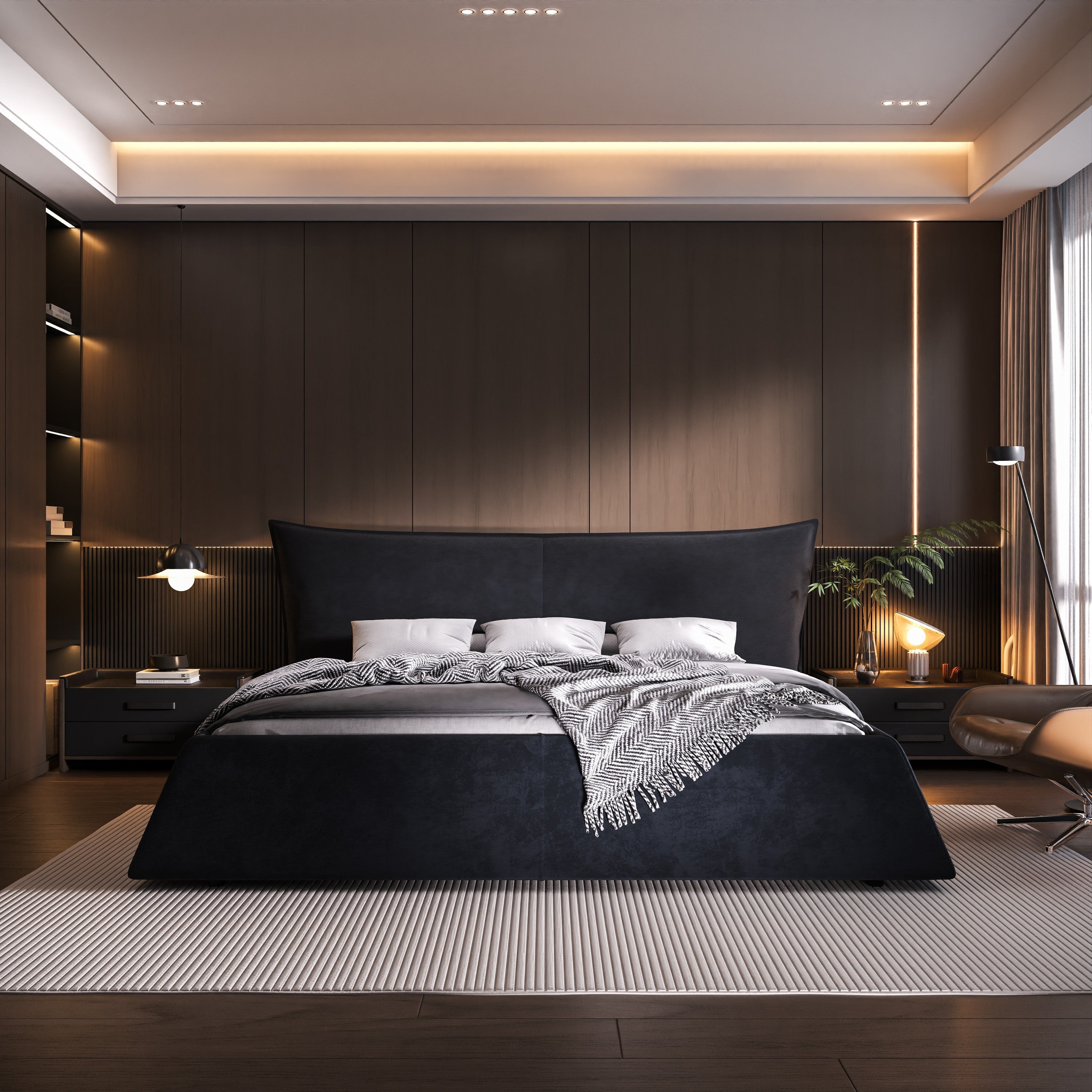 Queen Size Upholstered Platform Bed with Velvet Headboard