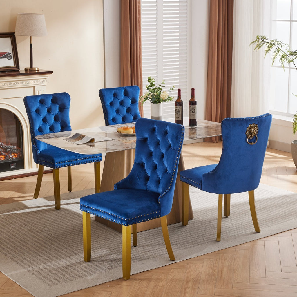 Mid-Century Velvet Dining Chairs with Lion Head Pull Ring (Set of 2)