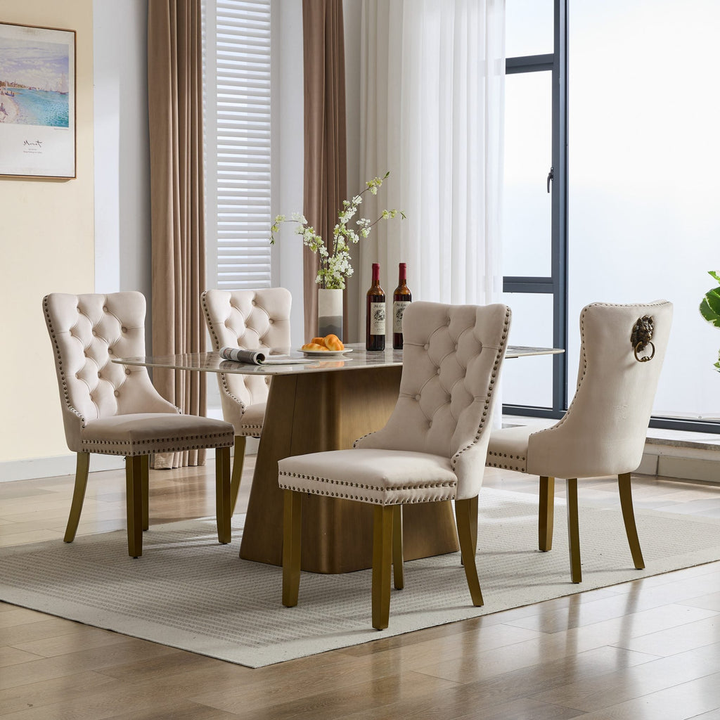 Mid-Century Velvet Dining Chairs with Lion Head Pull Ring (Set of 2)