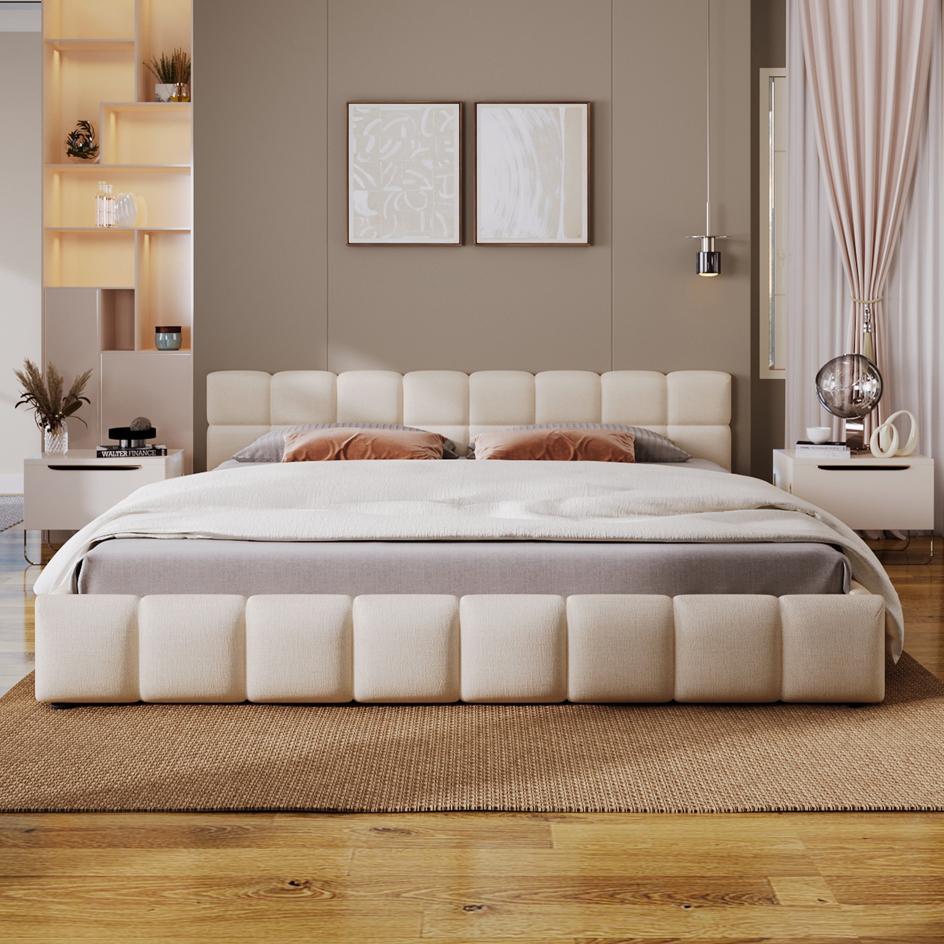 Elegant Beige Chenille Upholstered Bed with Checkerboard Design