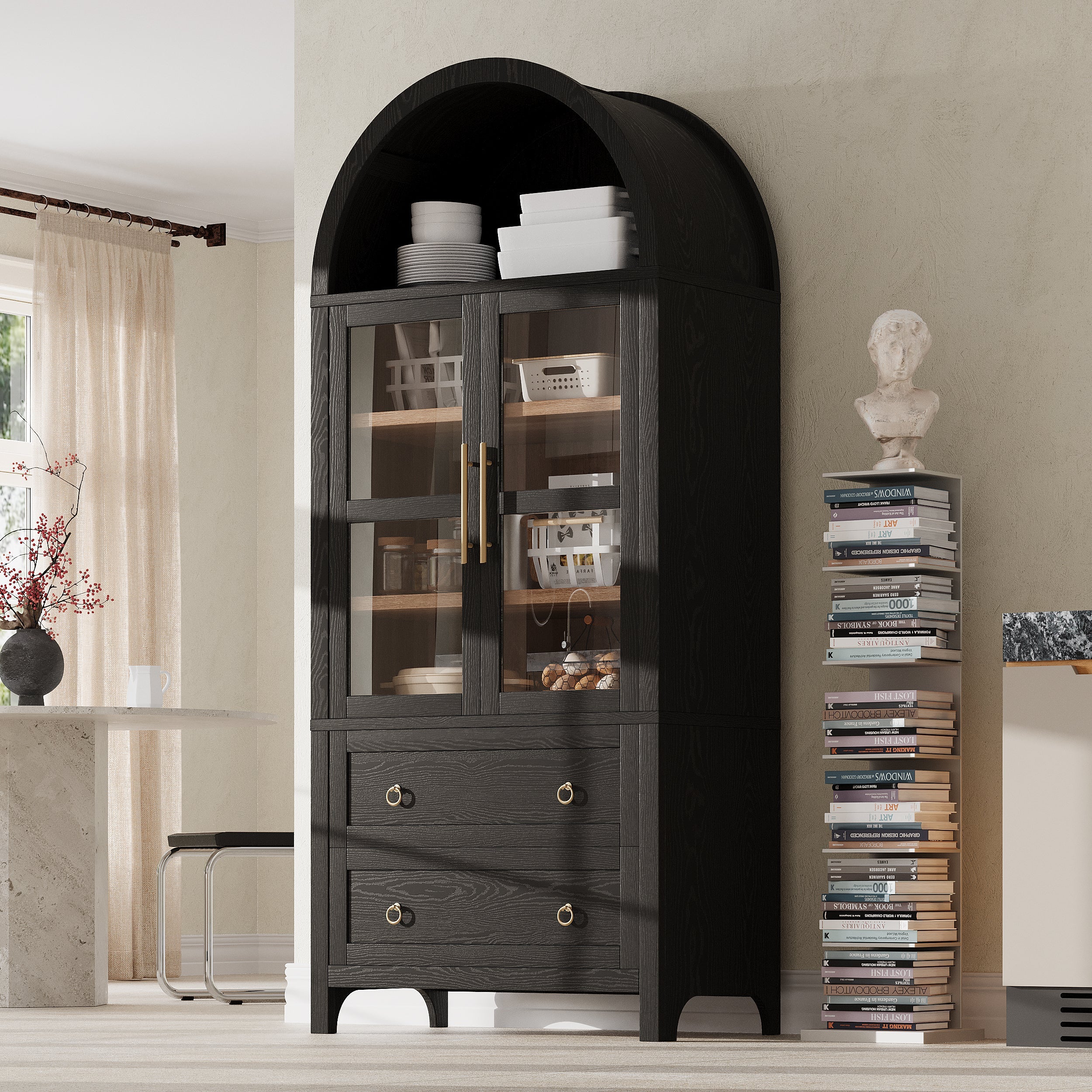 71” Tall Arched Modern Farmhouse Kitchen Pantry Cabinet with 2 Large Drawers