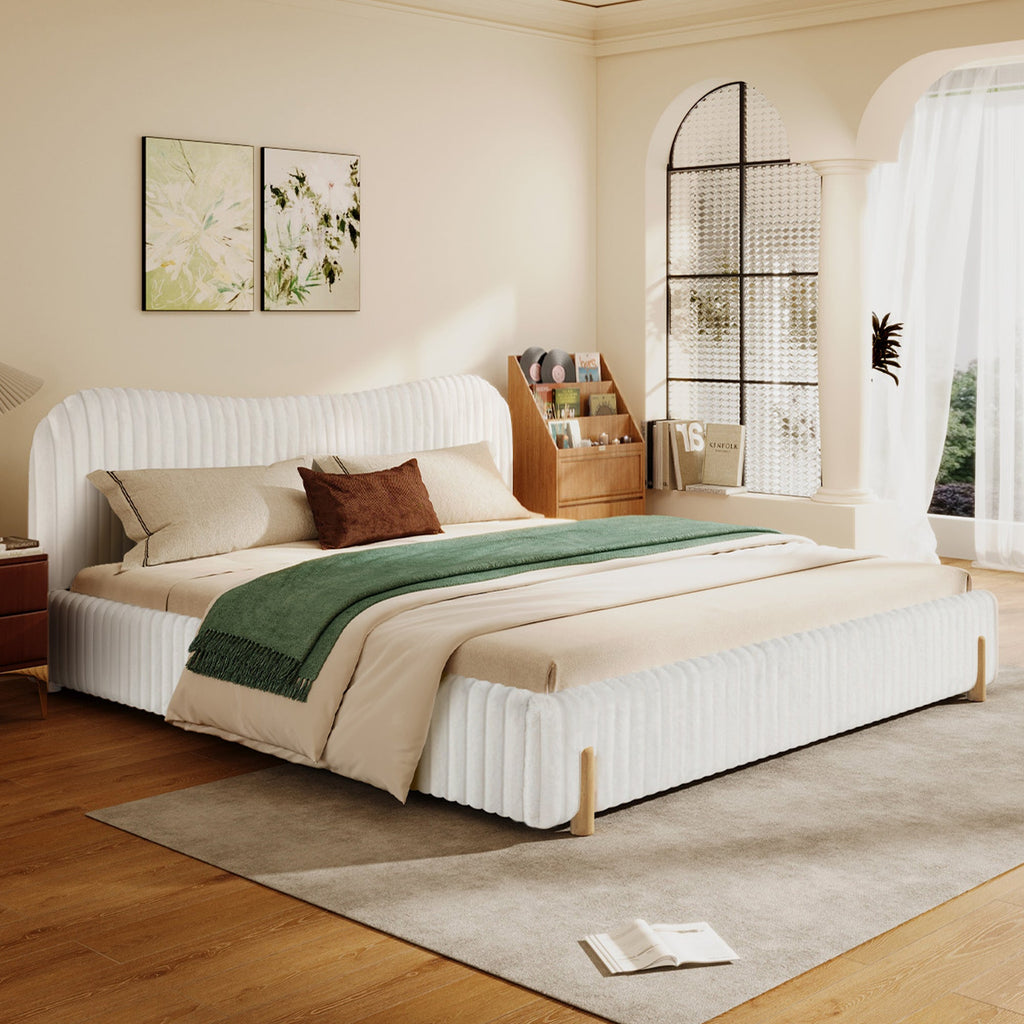 Sleek White Boucle Upholstered Bed with Wavy Headboard