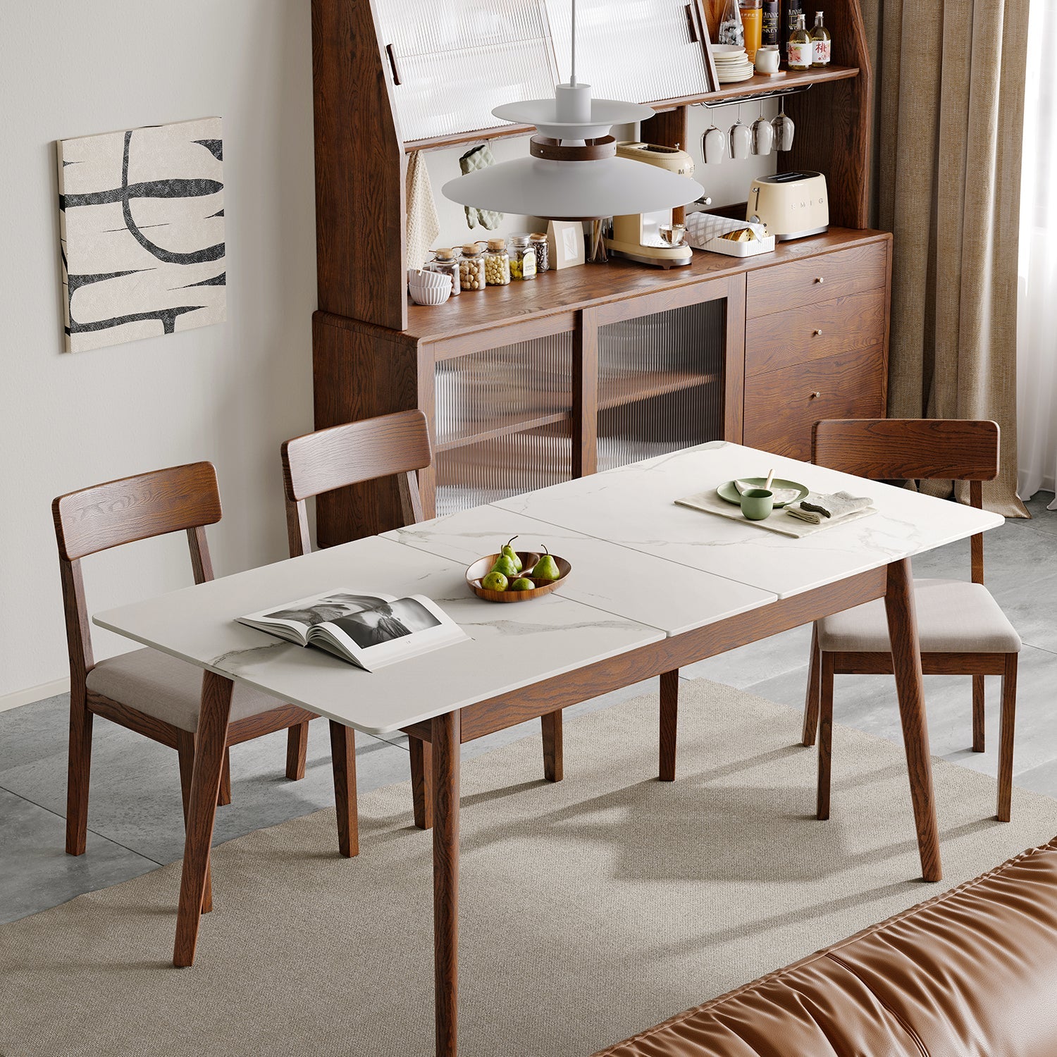 Walnut White Slate Telescopic Dining Table