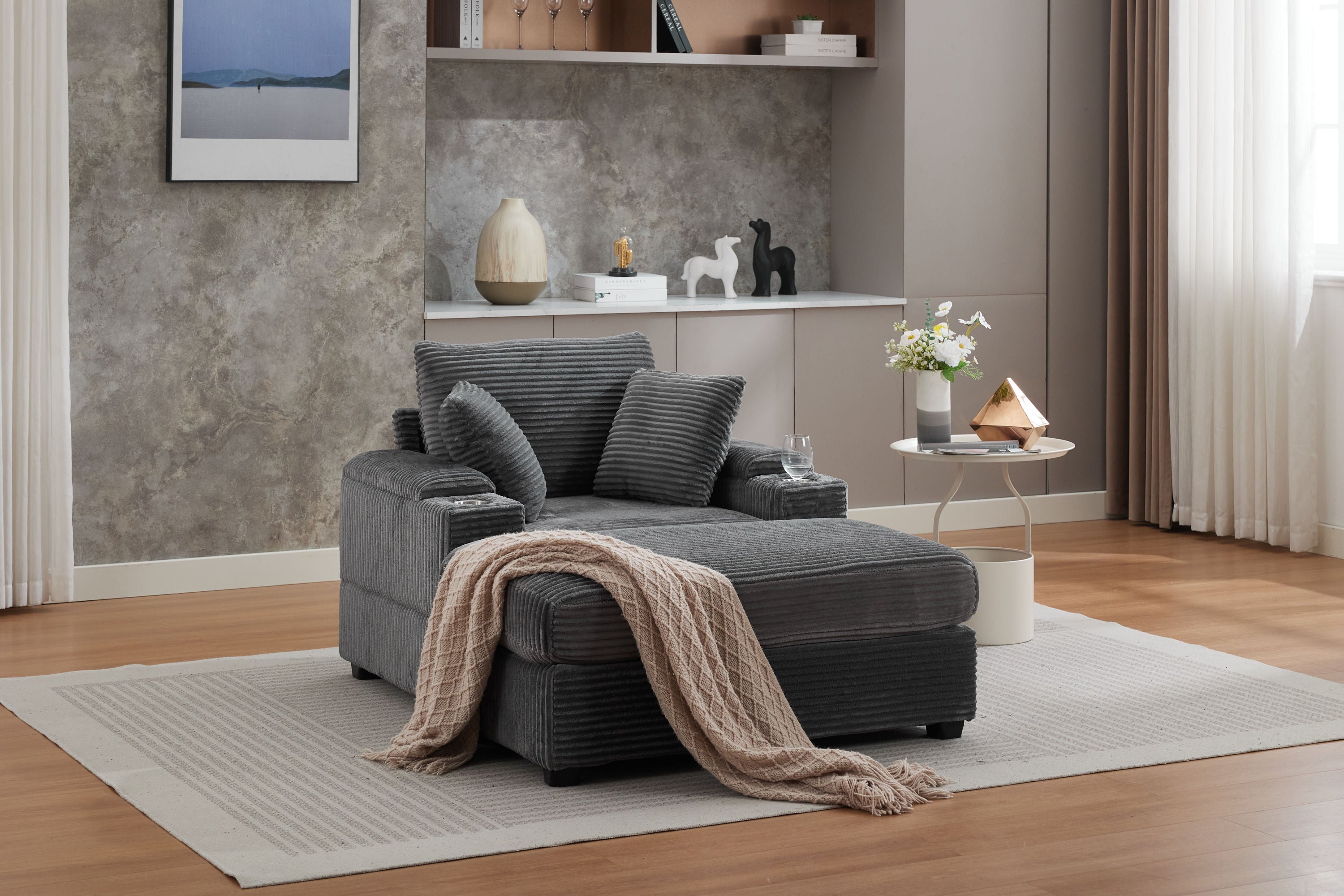 Corduroy Upholstered Chaise Lounge Sofa with Handrail Storage