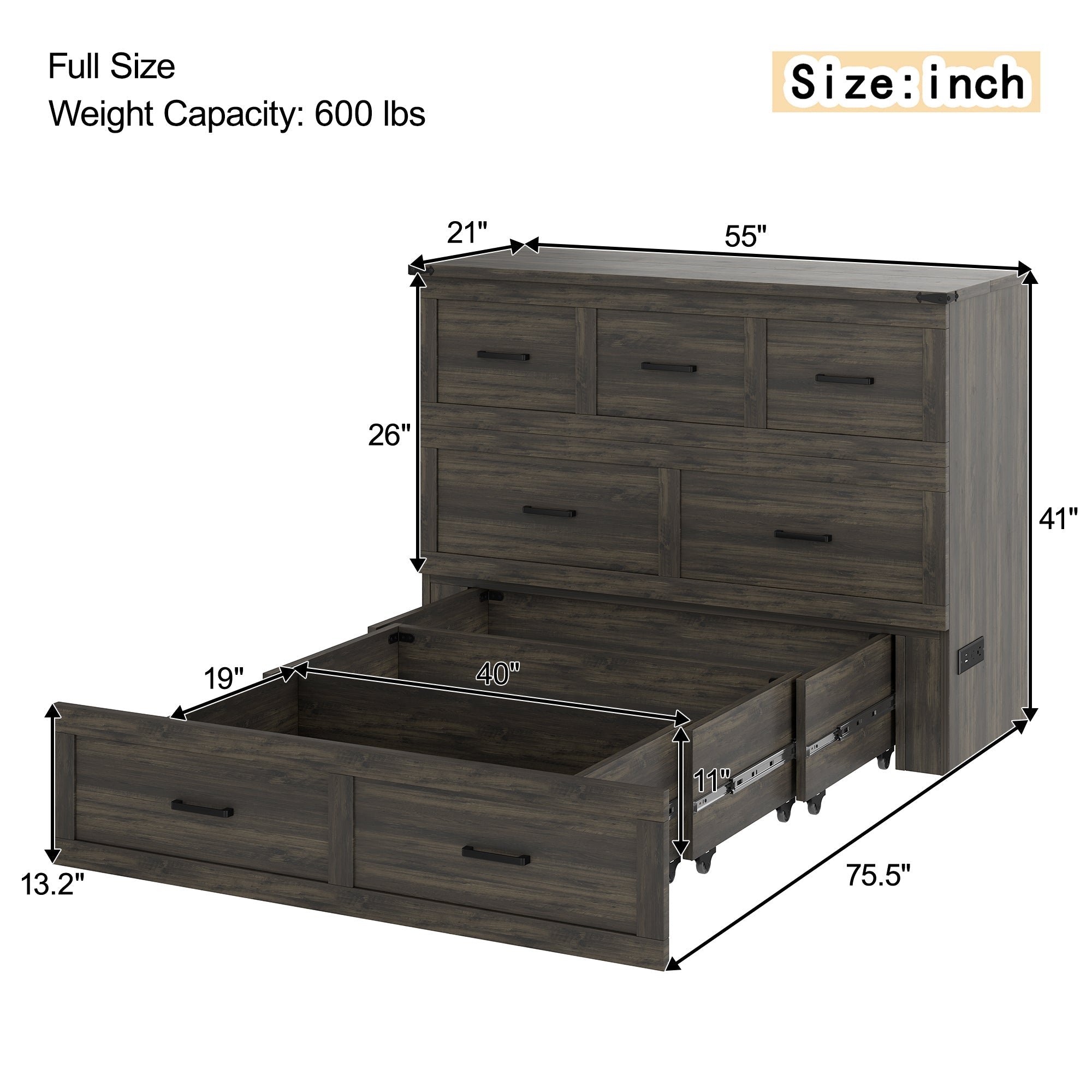 Murphy Bed Cabinet Full Size with Charging Station