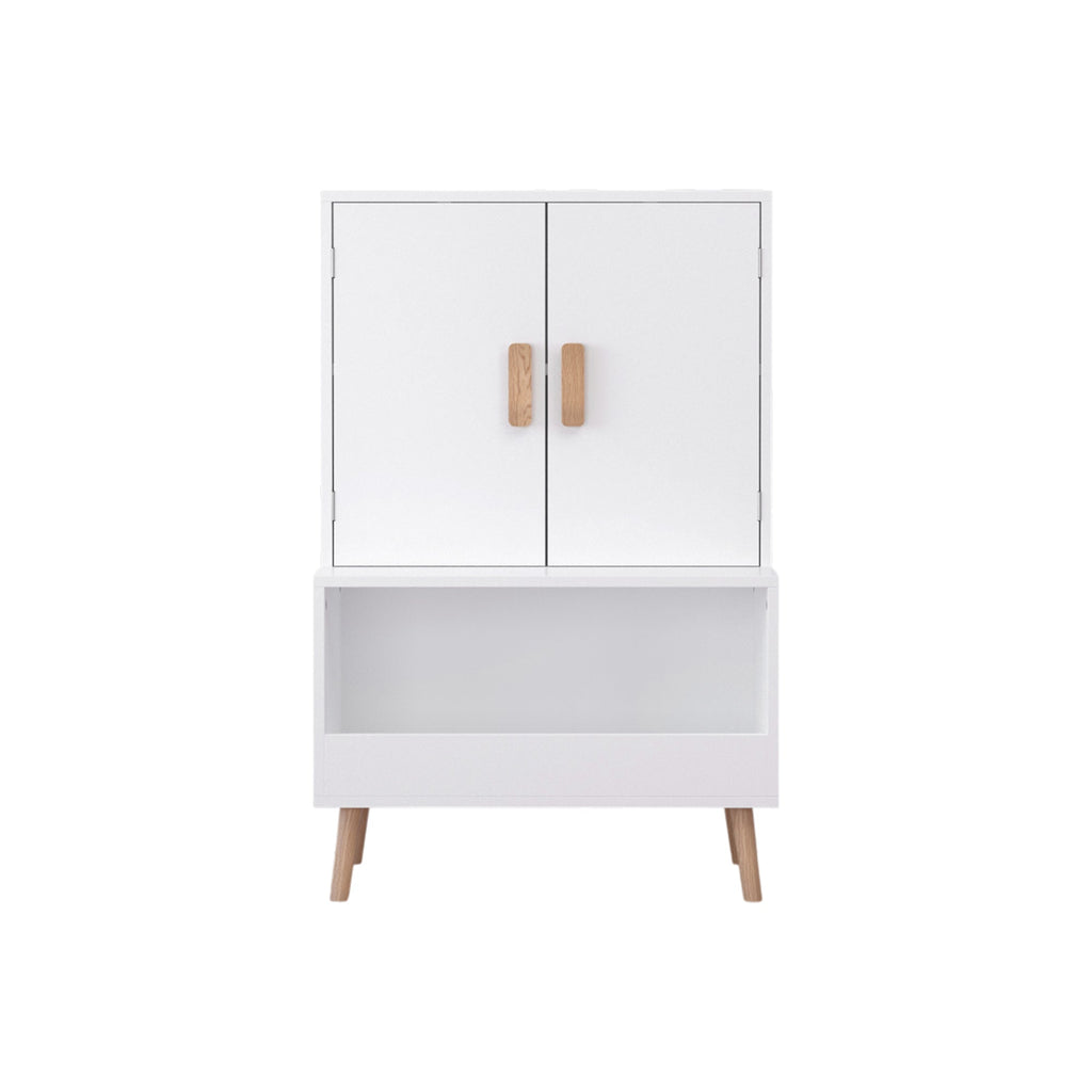 White Modern Wooden Toy Storage Cabinet with Natural Wood Legs