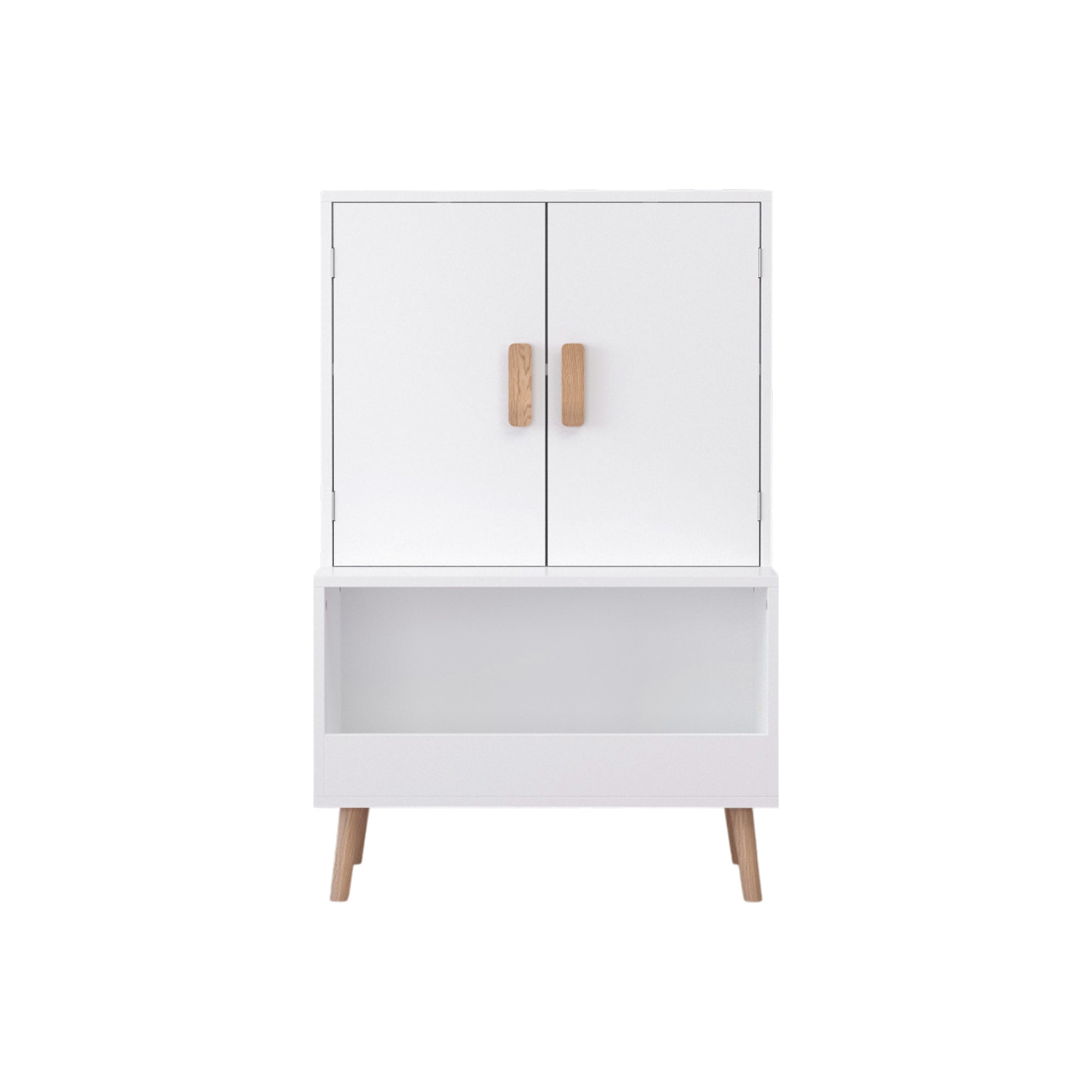 White Modern Wooden Toy Storage Cabinet with Natural Wood Legs