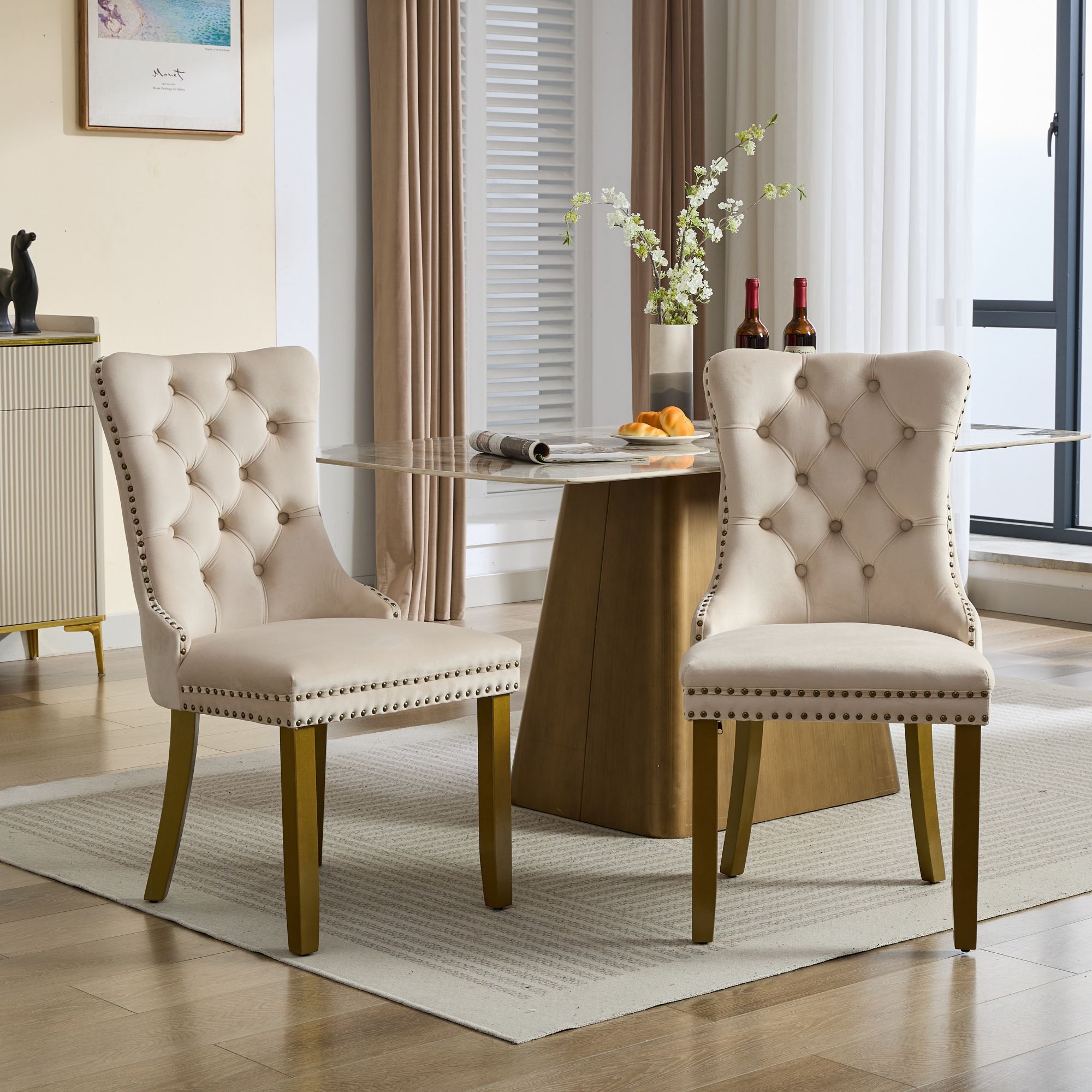Mid-Century Velvet Dining Chairs with Lion Head Pull Ring (Set of 2)