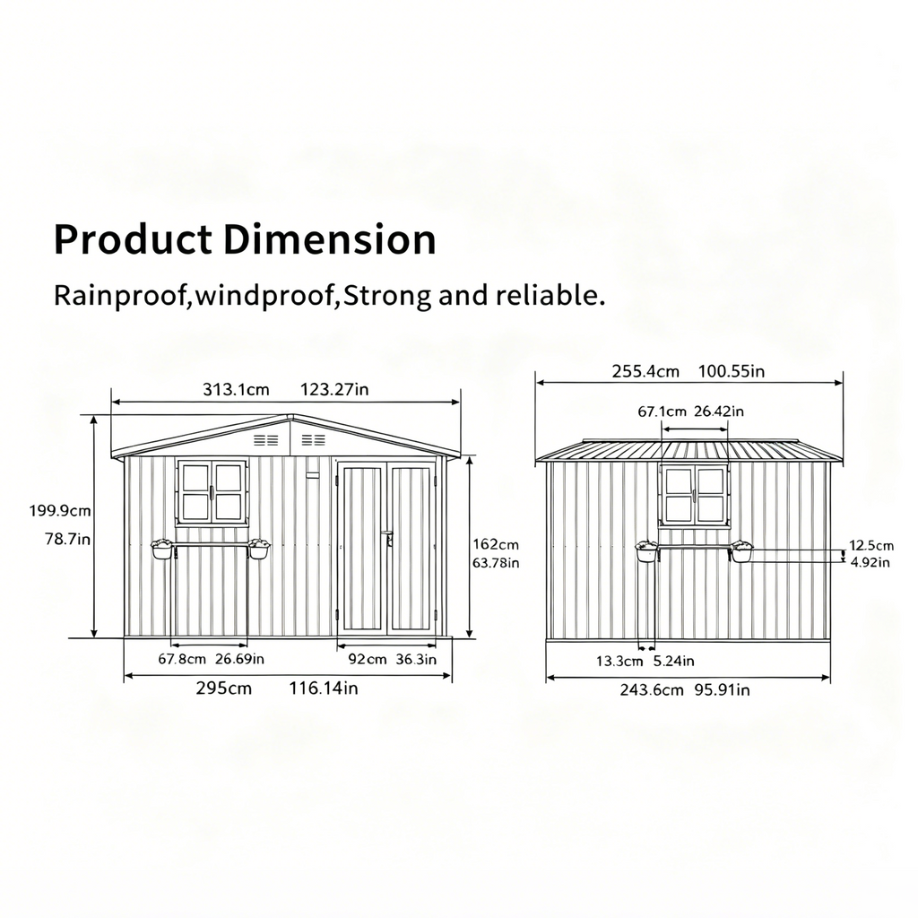 10x8 Ft Metal Storage Shed Lockable Double Doors Window Waterproof Shed